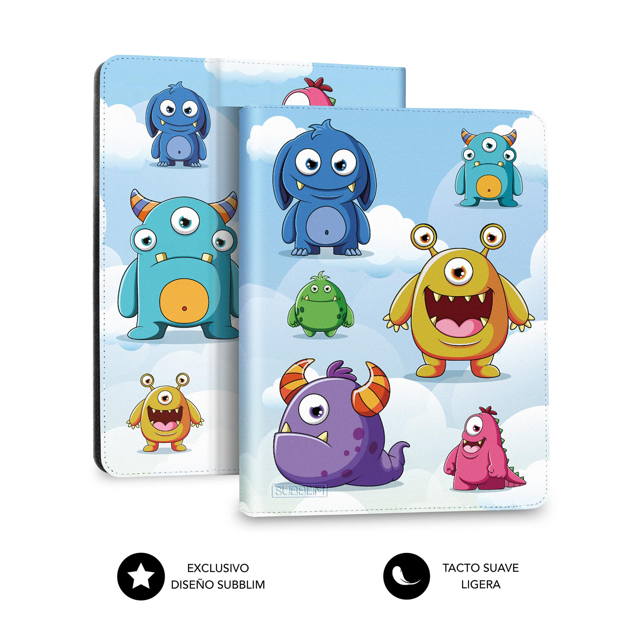 Dos portadas de libros con monstruos de dibujos animados. Una está abierta, mostrando el interior. Textos.