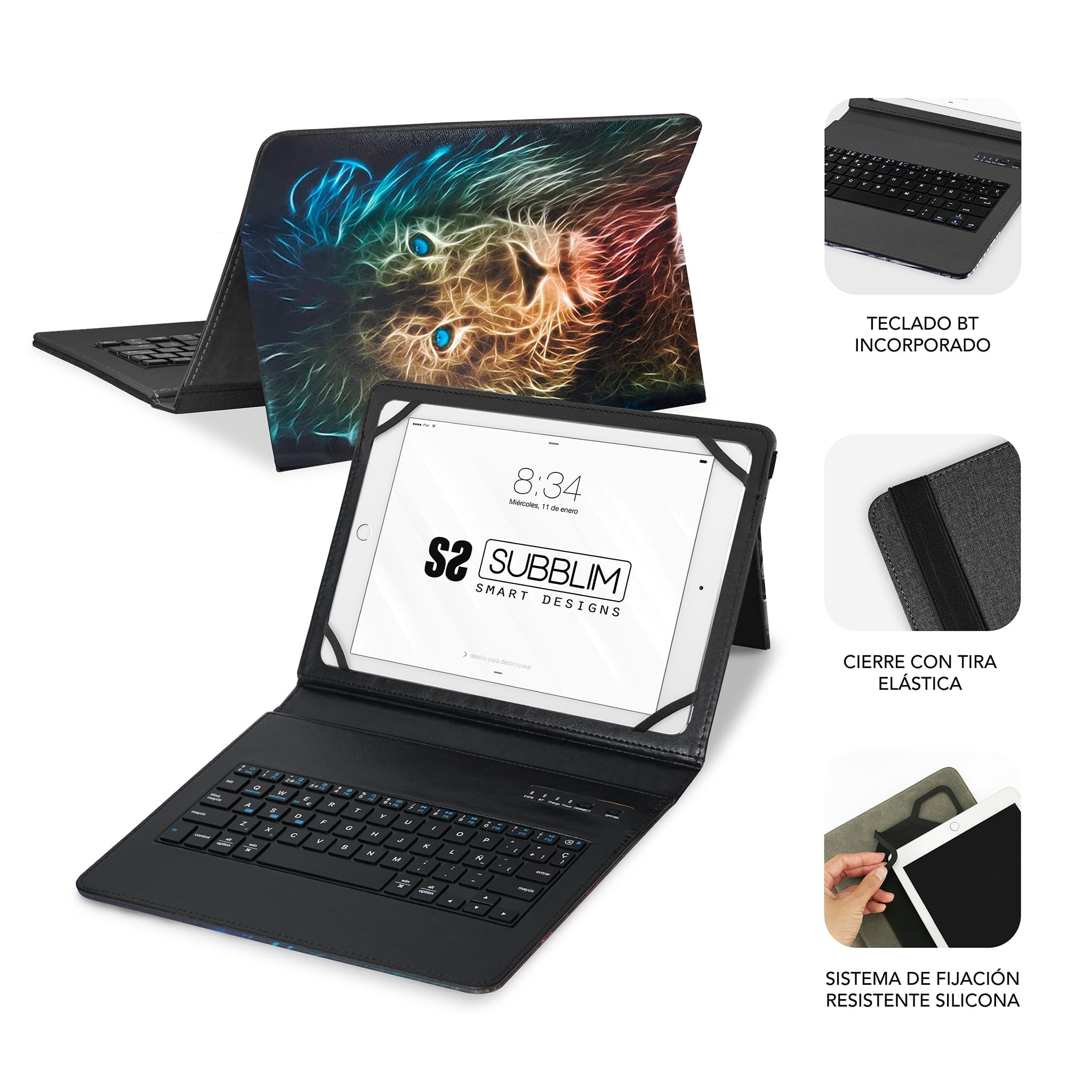 Tableta con funda de teclado, que muestra el diseño de un león en la cubierta. Varios textos. Blanco.