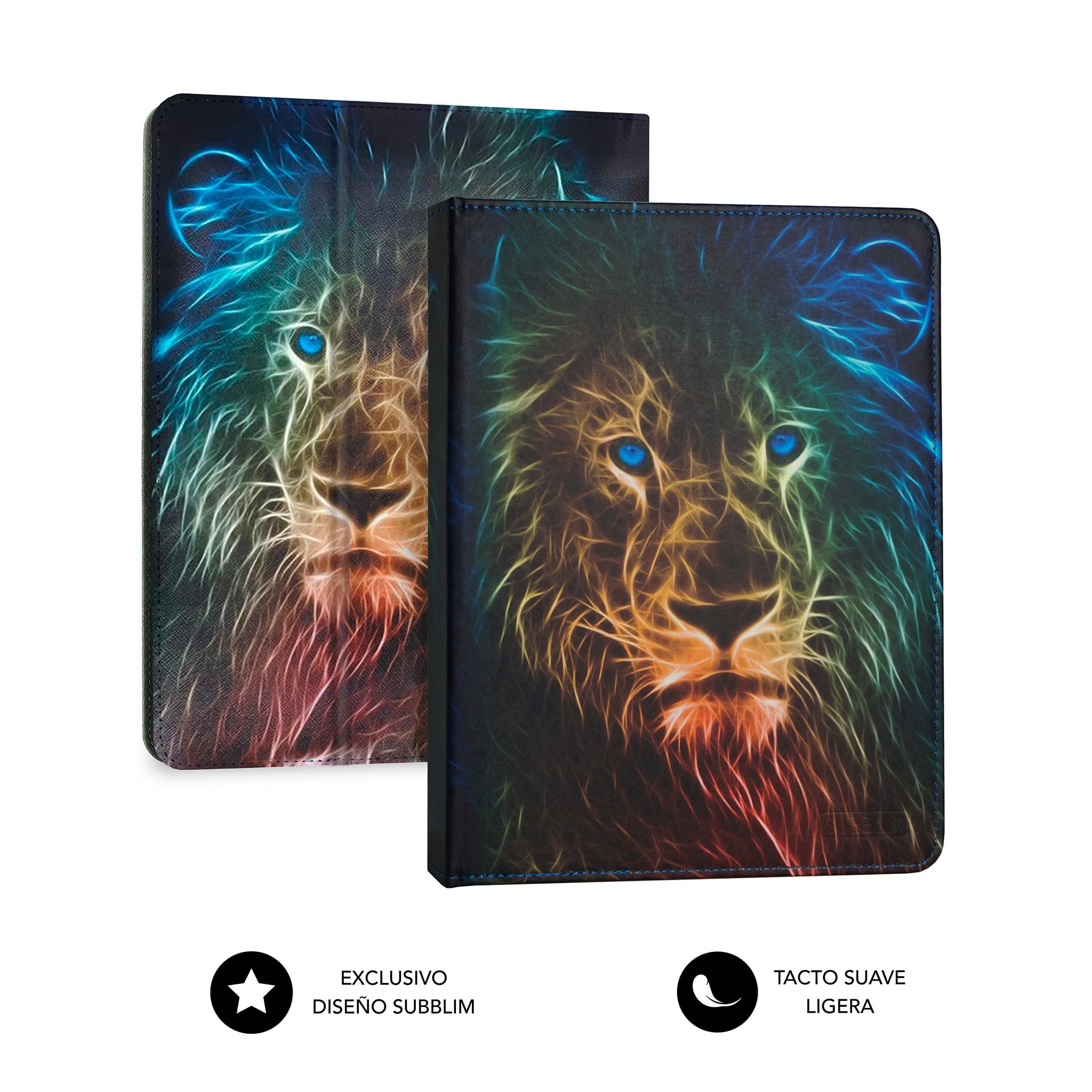 Dos fundas para tablet con diseño de león, una abierta, sobre fondo blanco.