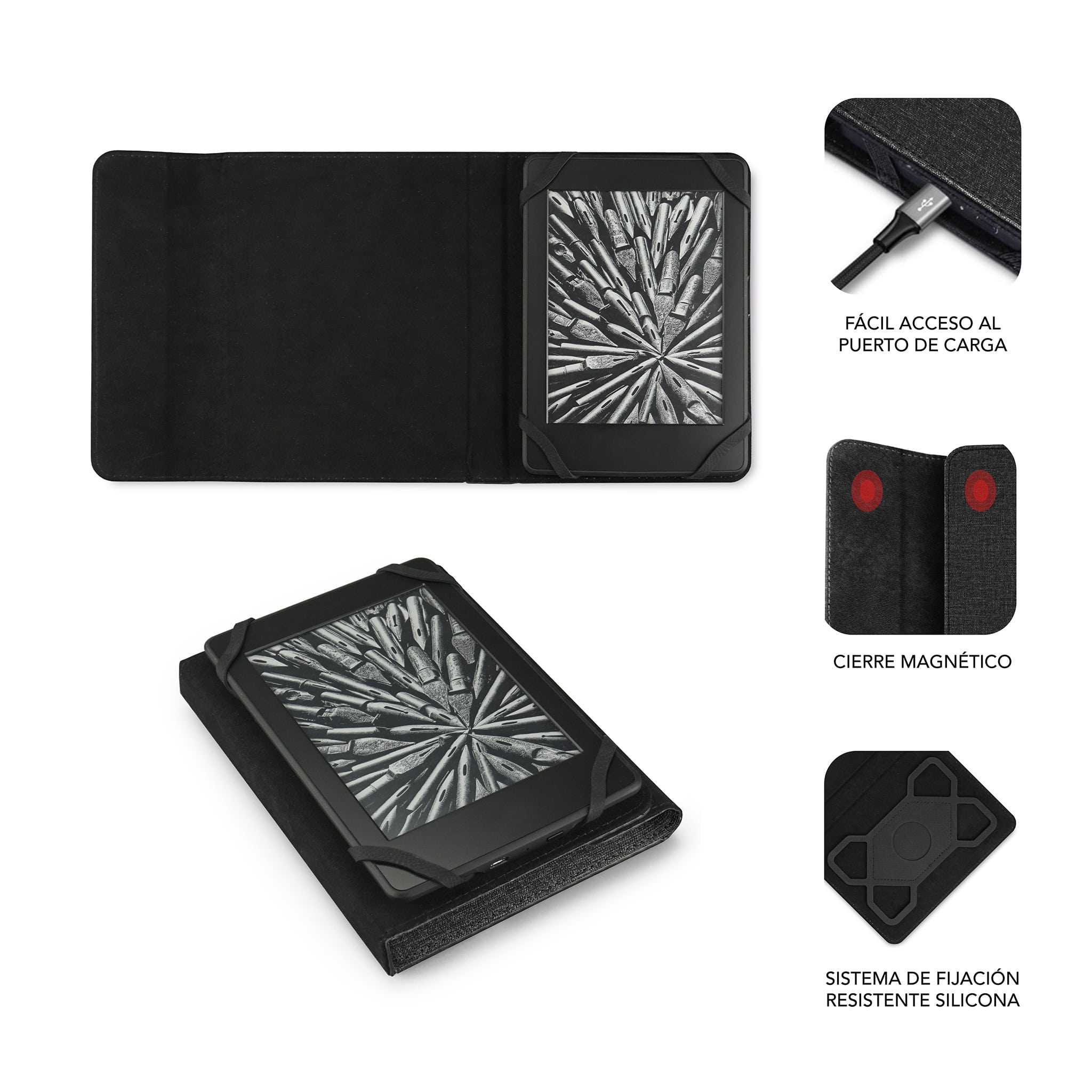 Un lector de libros electrónicos en una funda con cierre magnético. El lector es negro con pantalla en escala de grises.