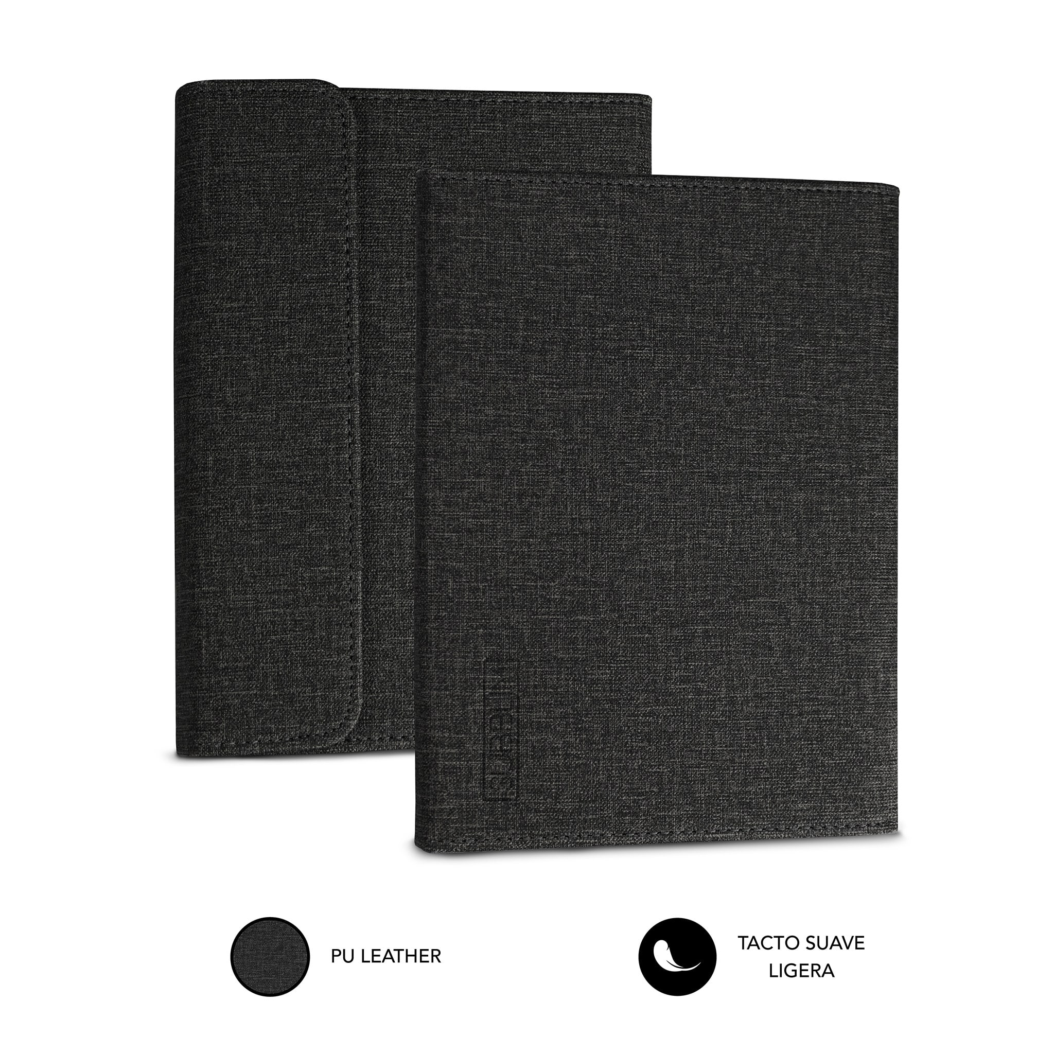 Dos cuadernos negros de cuero PU con un diseño sencillo, sobre un fondo blanco.