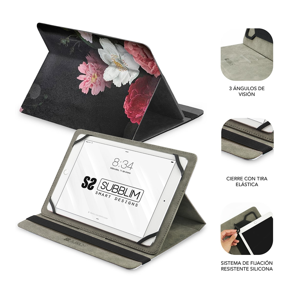 Un iPad en una funda con diseño floral. Está en dos posiciones, con detalles de las funciones.