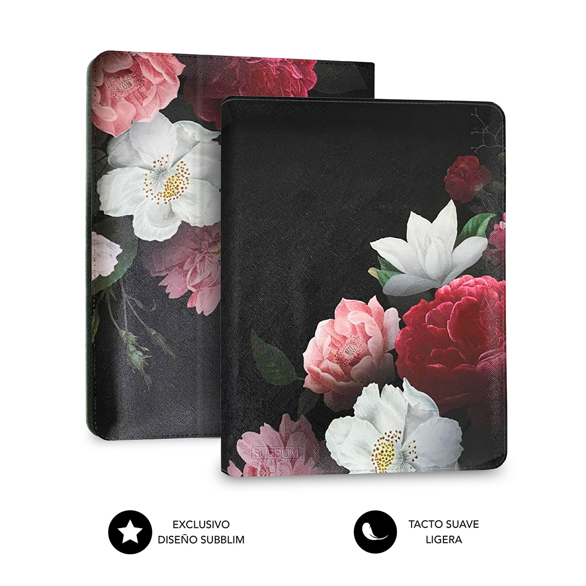 Dos cuadernos con diseños florales sobre un fondo negro.