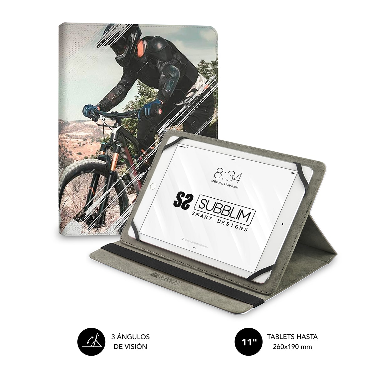 Tableta en una funda con un ciclista en la cubierta. Muestra una tableta abierta con texto.