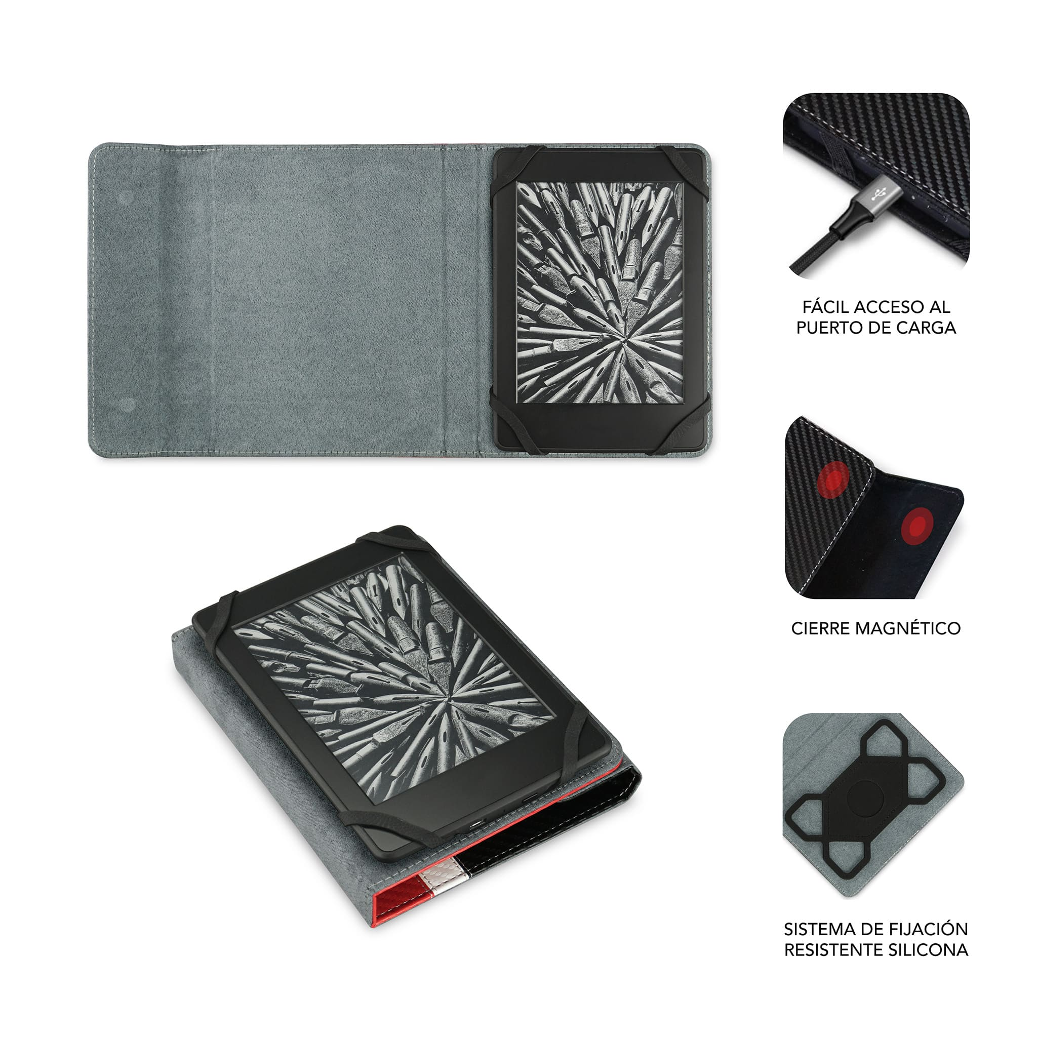 Una funda gris abierta para lector electrónico con un lector electrónico dentro. Los primeros planos muestran características magnéticas y de carga.