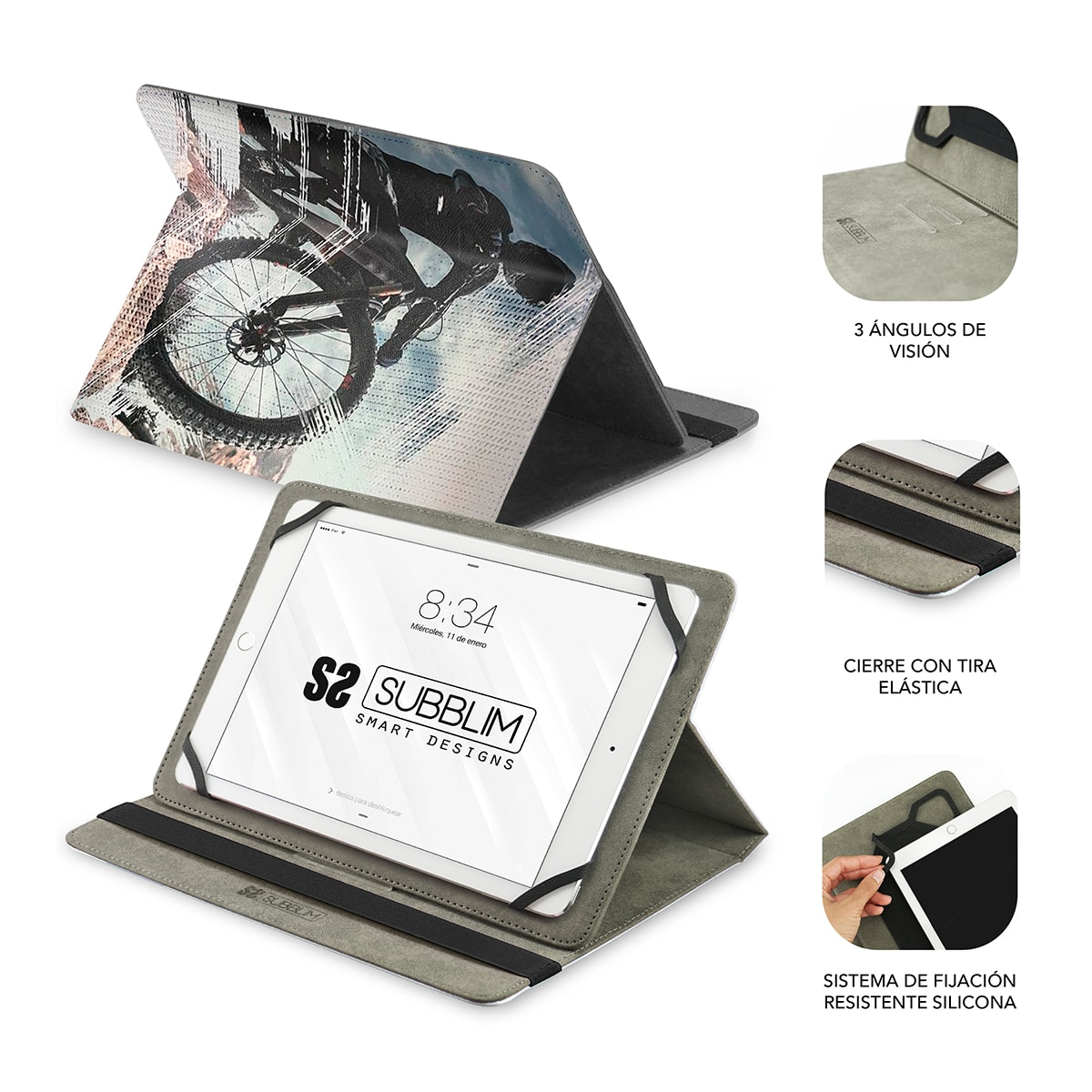 Funda para tablet con función de soporte. Incluye funda con imagen de bici, interfaz.