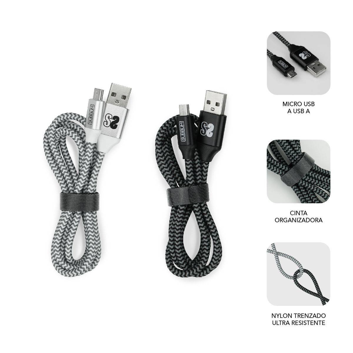 Dos cables USB con nailon trenzado. Uno plateado, otro negro. Cada uno con extremos USB y micro USB, y organizador.