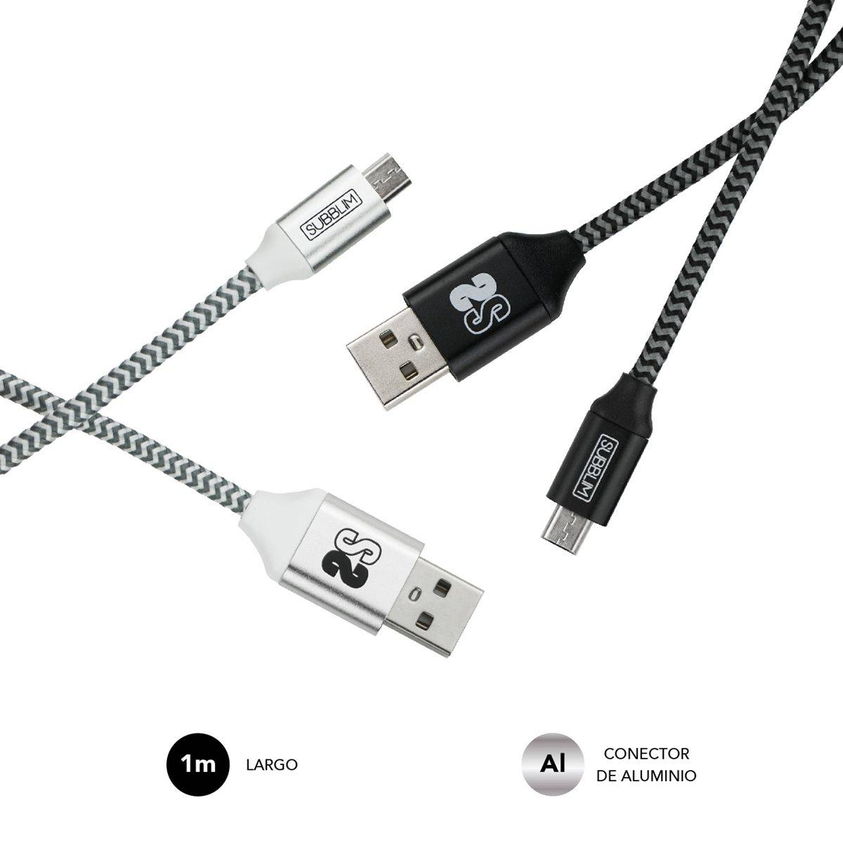 Cables USB con conectores de aluminio, en negro y plata, sobre fondo blanco.