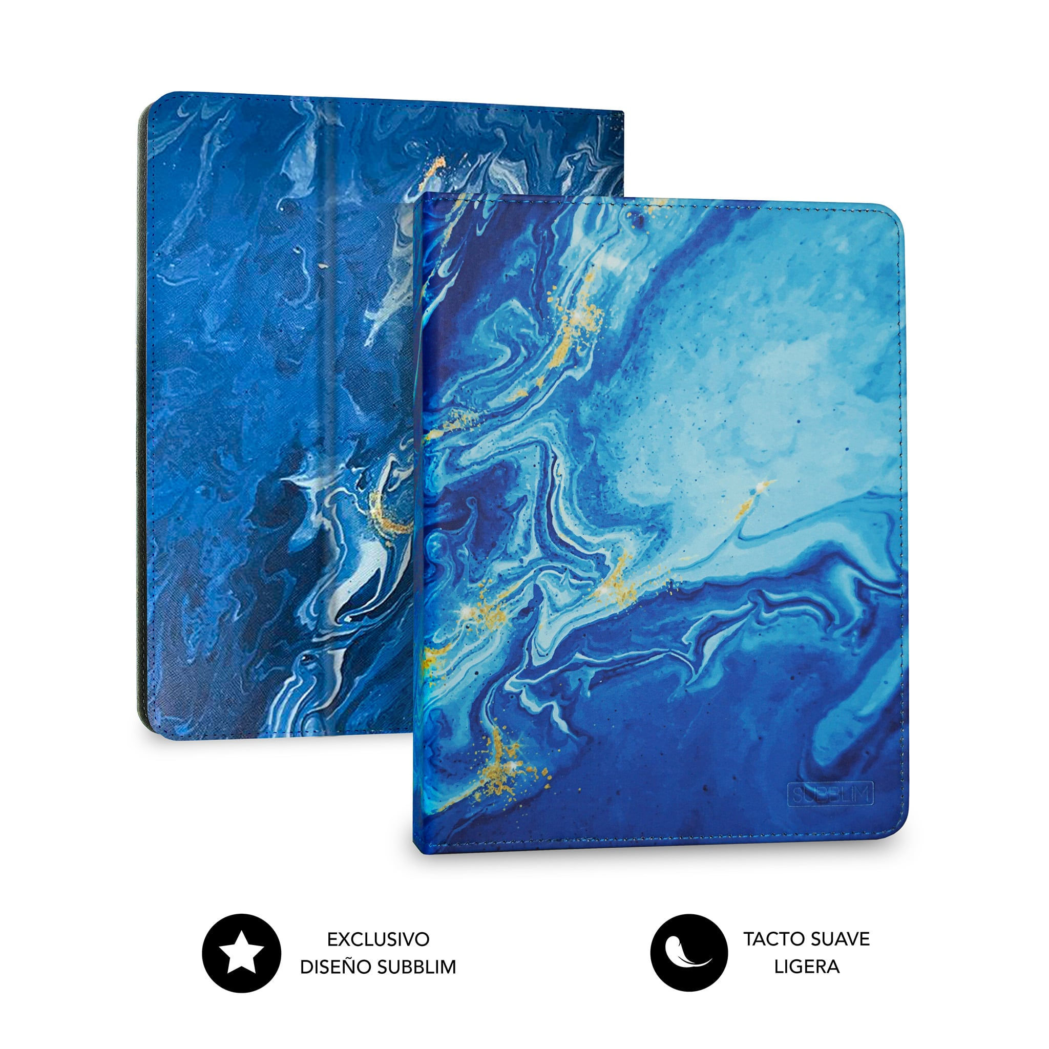 Dos fundas para tablet con textura de mármol azul y blanco. Texto: diseño exclusivo, tacto suave.