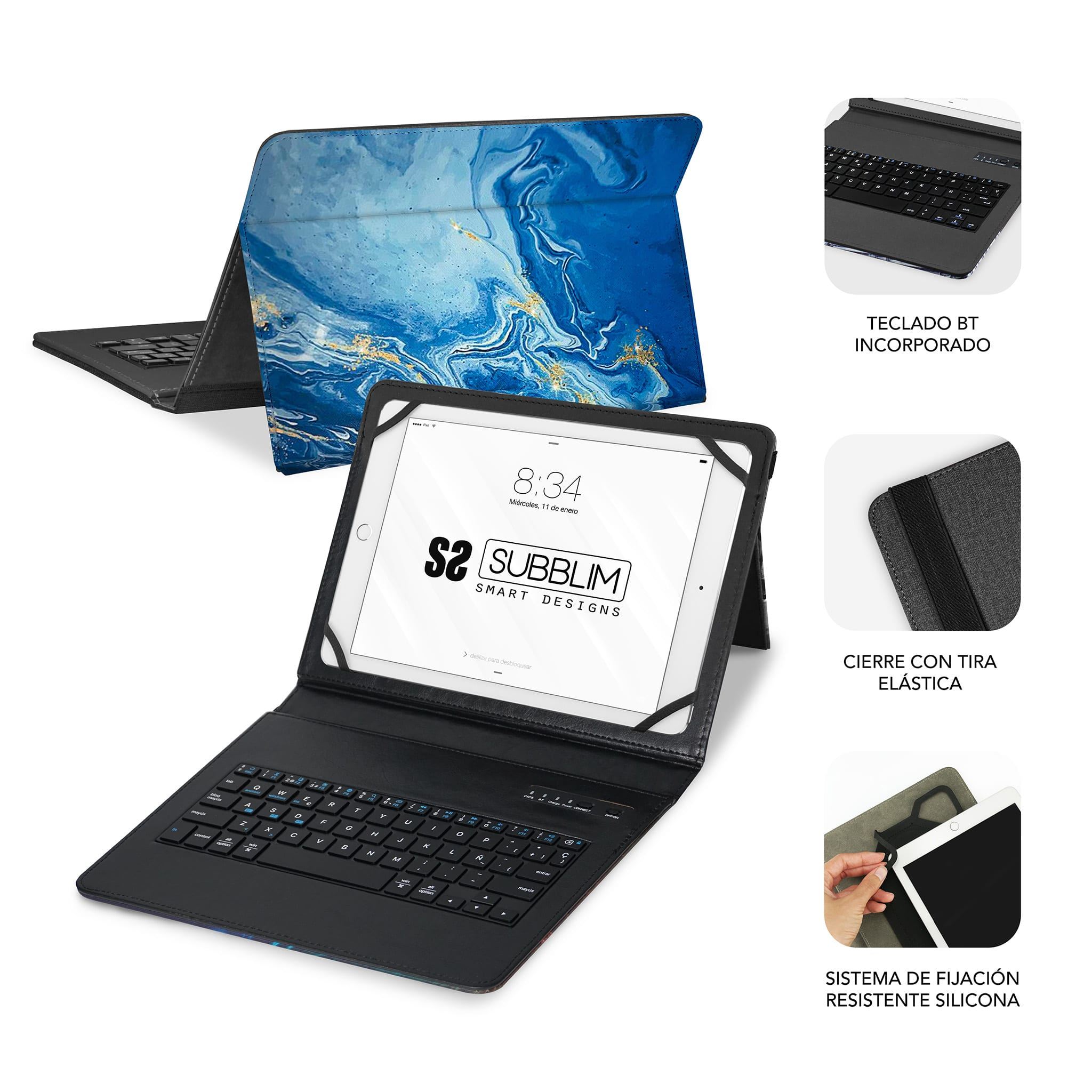 Funda para tableta con diseño de mármol azul, teclado integrado y cierre elástico. Incluye detalles de pantalla.