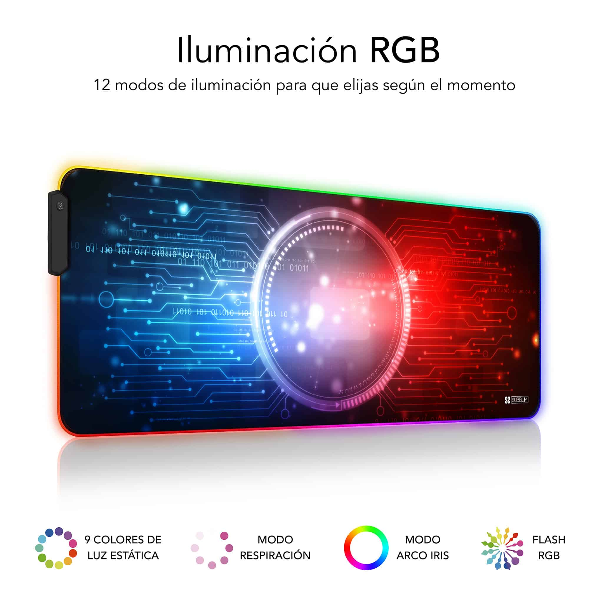 Alfombrilla de ratón gaming RGB con iluminación colorida, texto describe modos.