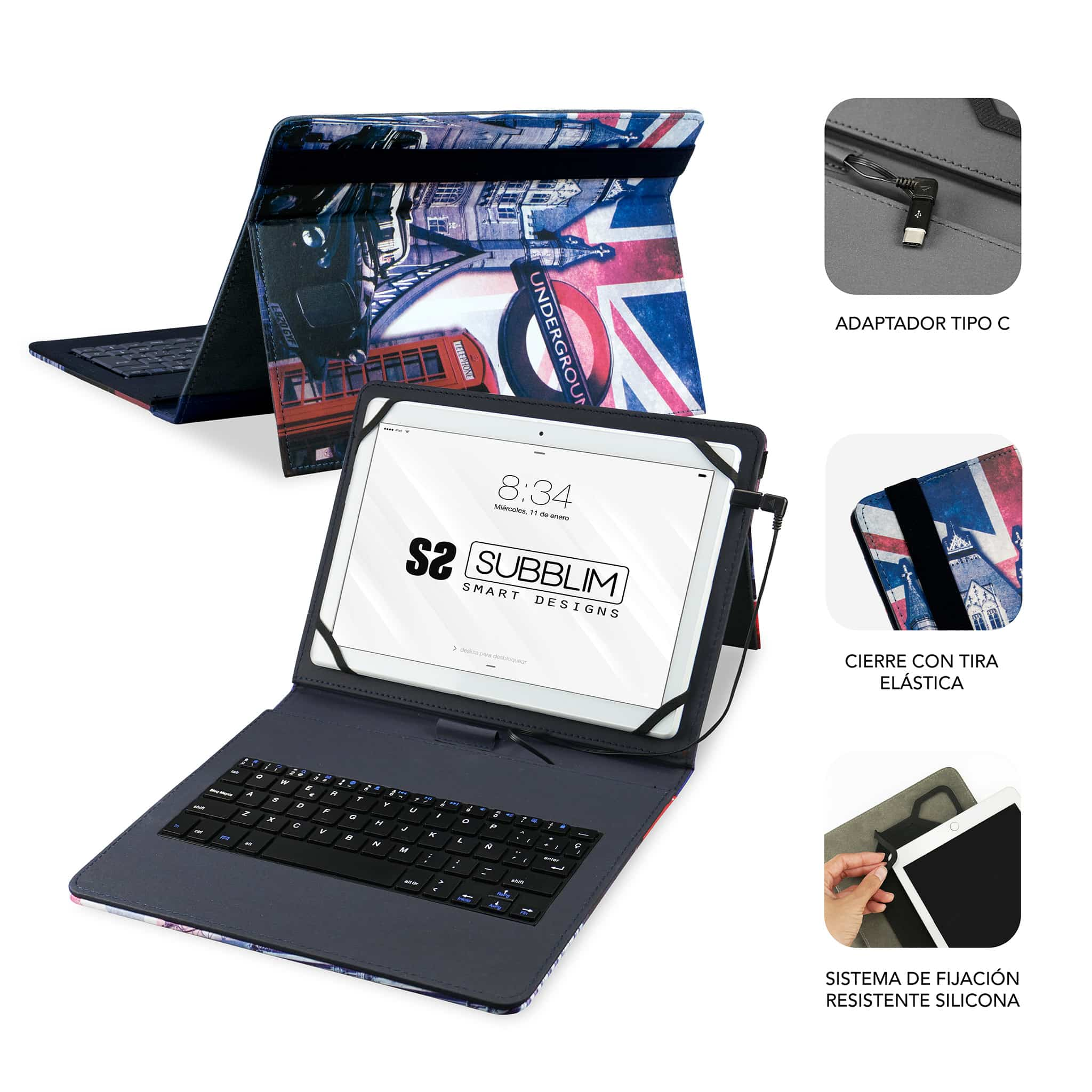 Tableta en funda con teclado. La funda muestra imágenes de Londres, con puerto de carga y banda elástica.