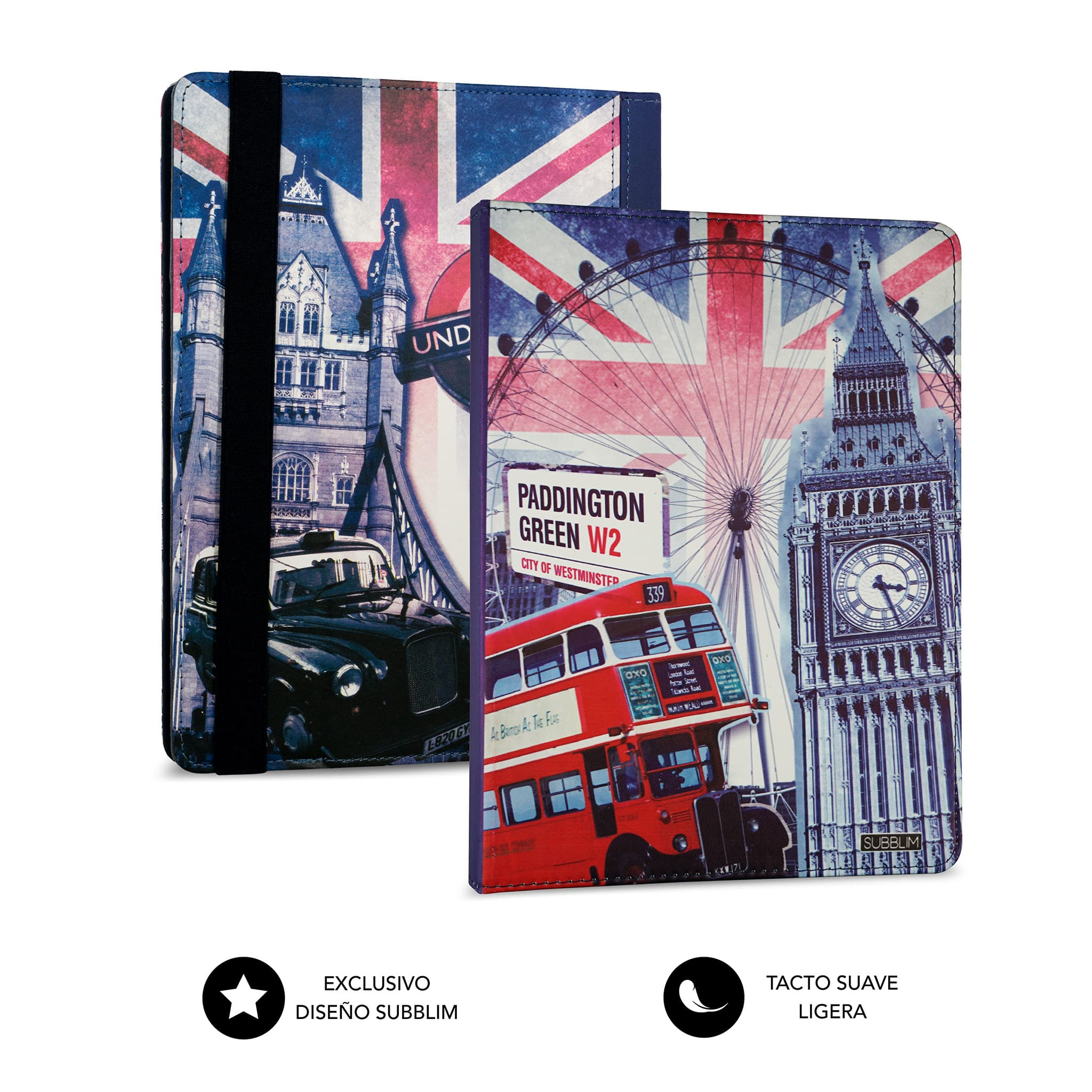 Dos fundas para tabletas con diseños temáticos de Londres. Uno presenta un autobús rojo y el Big Ben.