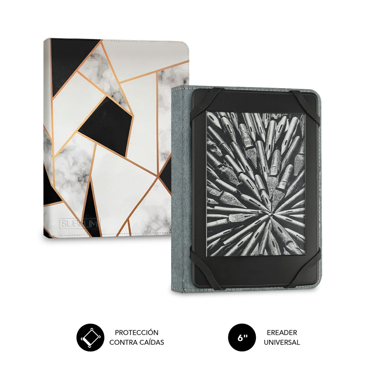 Dos fundas de e-reader: una con diseño geométrico, otra con cubierta de tela.