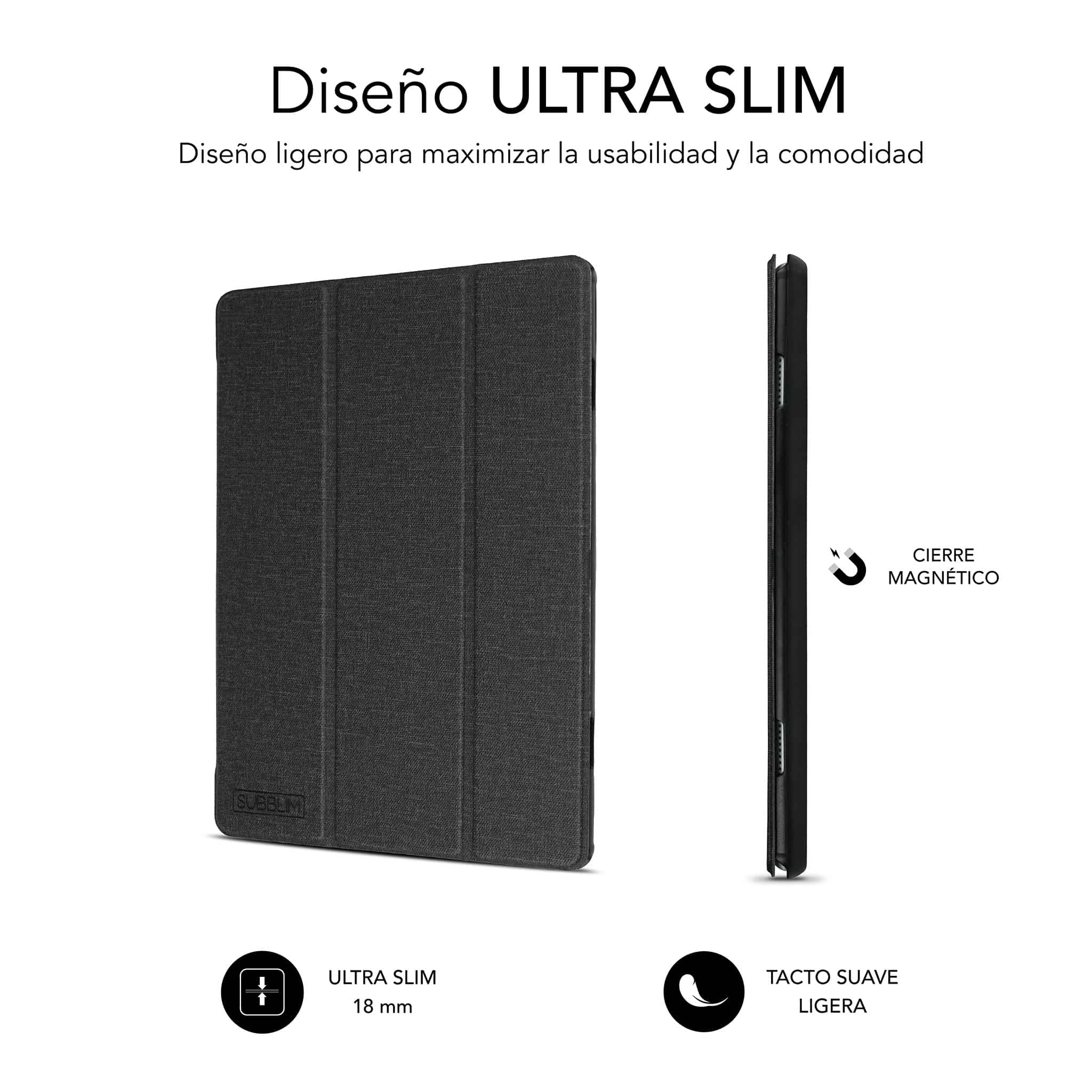 Funda de tableta gris oscuro con cubierta abierta lateralmente, con texto e iconos. Fondo blanco.