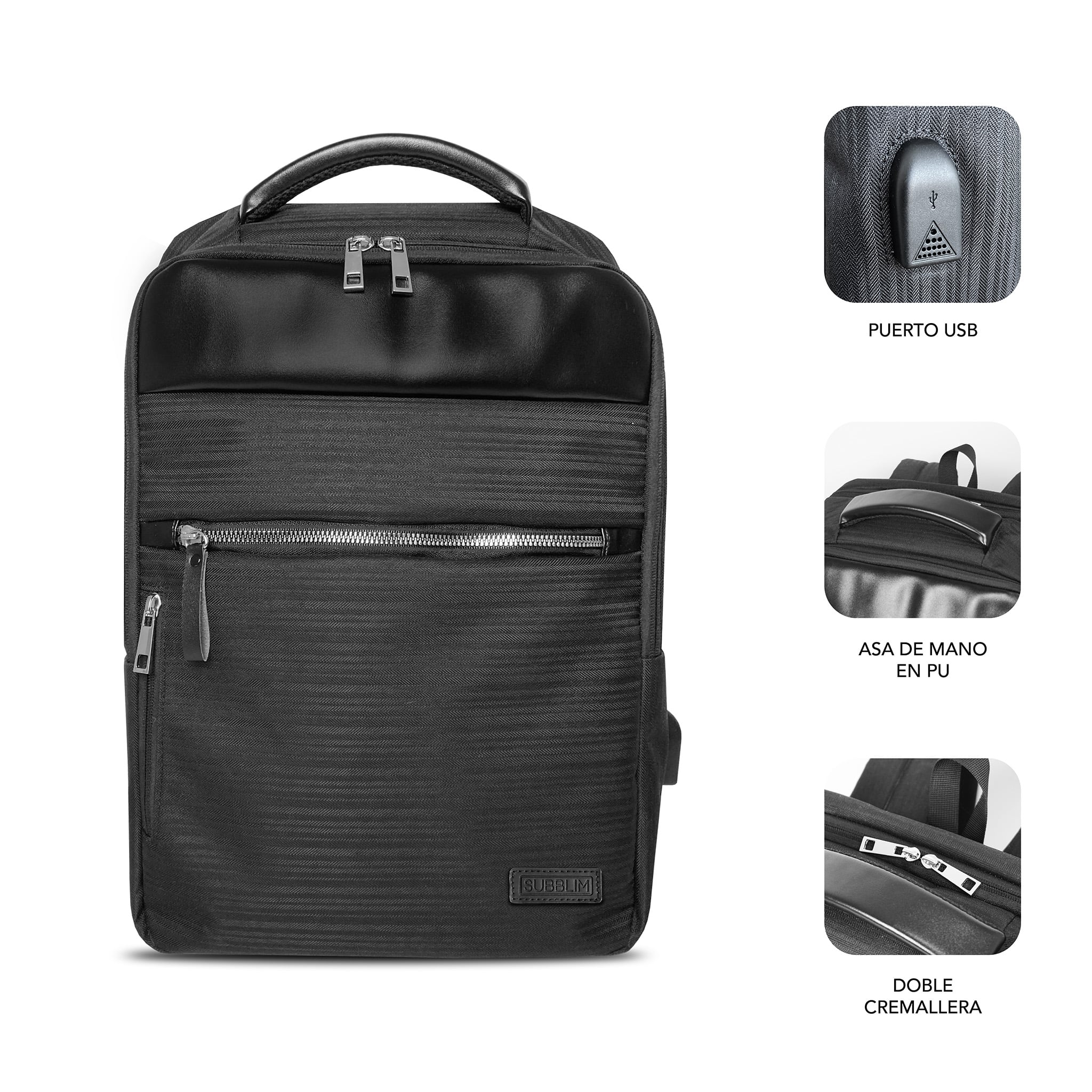 Mochila negra con múltiples compartimentos. Incluye puerto USB, asa superior y cremalleras dobles.