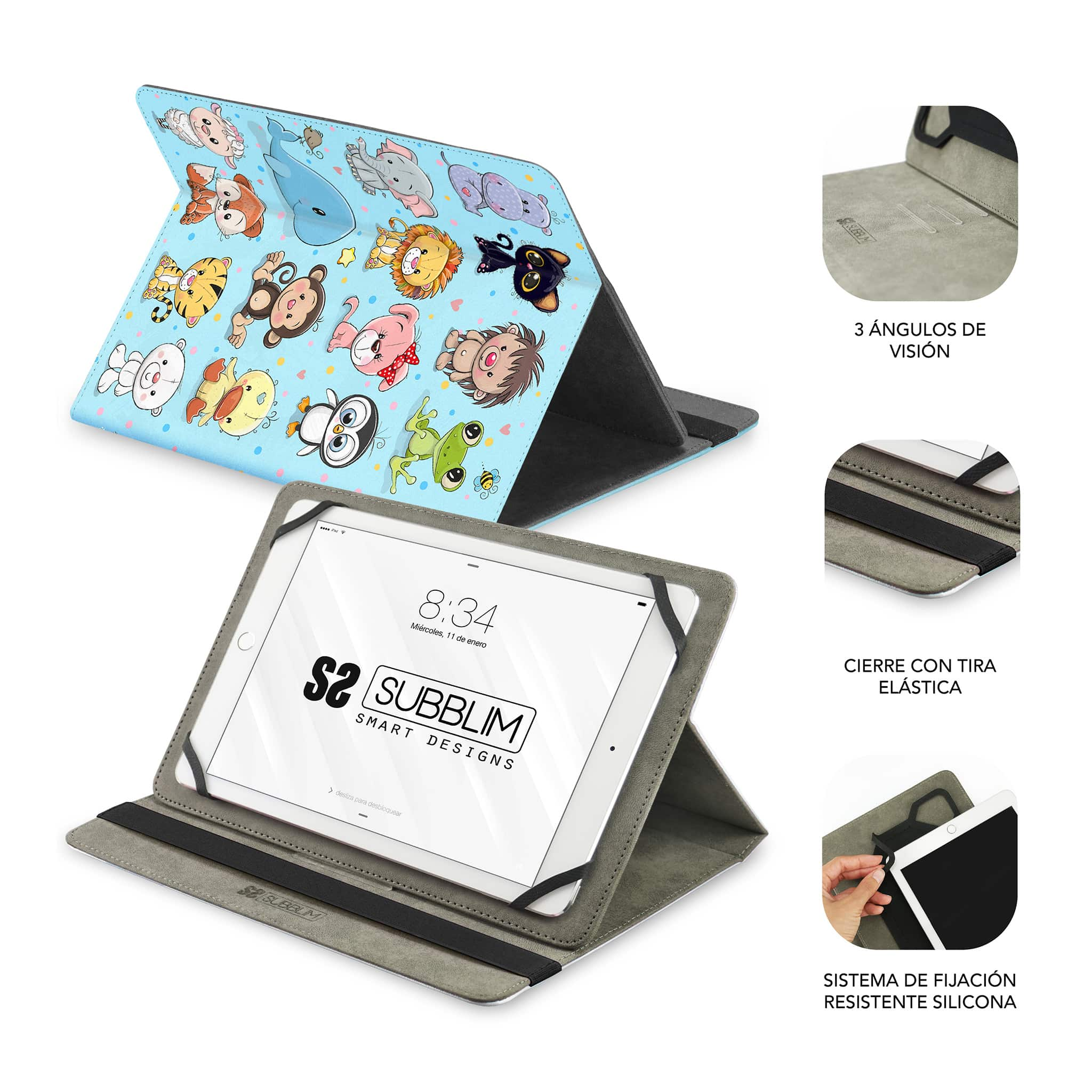 Funda para tableta con diseño de dibujos animados. Tiene una cubierta plegable y un cierre magnético. Hay una tableta dentro.