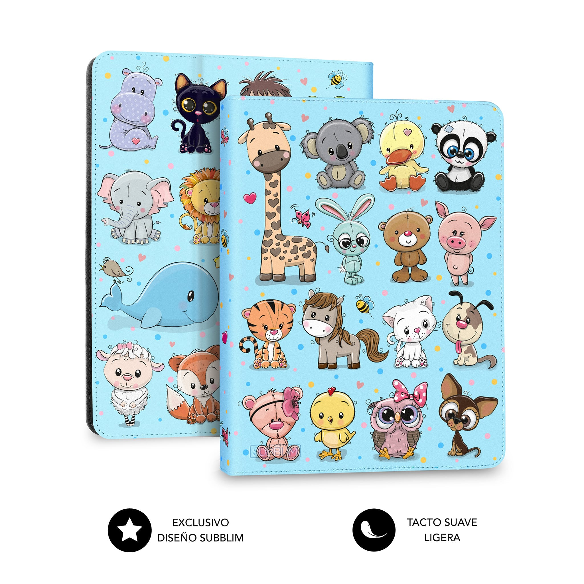 Dos fundas de tablet con animales de dibujos animados sobre fondo azul claro. Una funda está abierta.