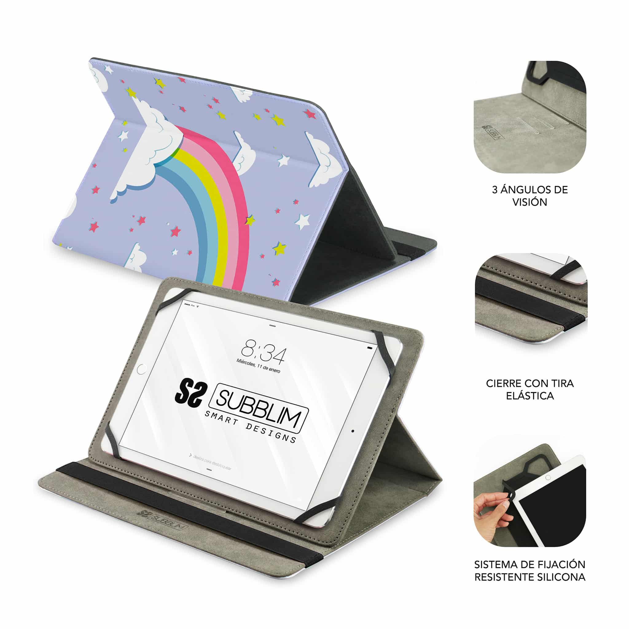 Tableta en una funda, con un diseño de arcoíris y estrellas. Vistas adicionales muestran características.