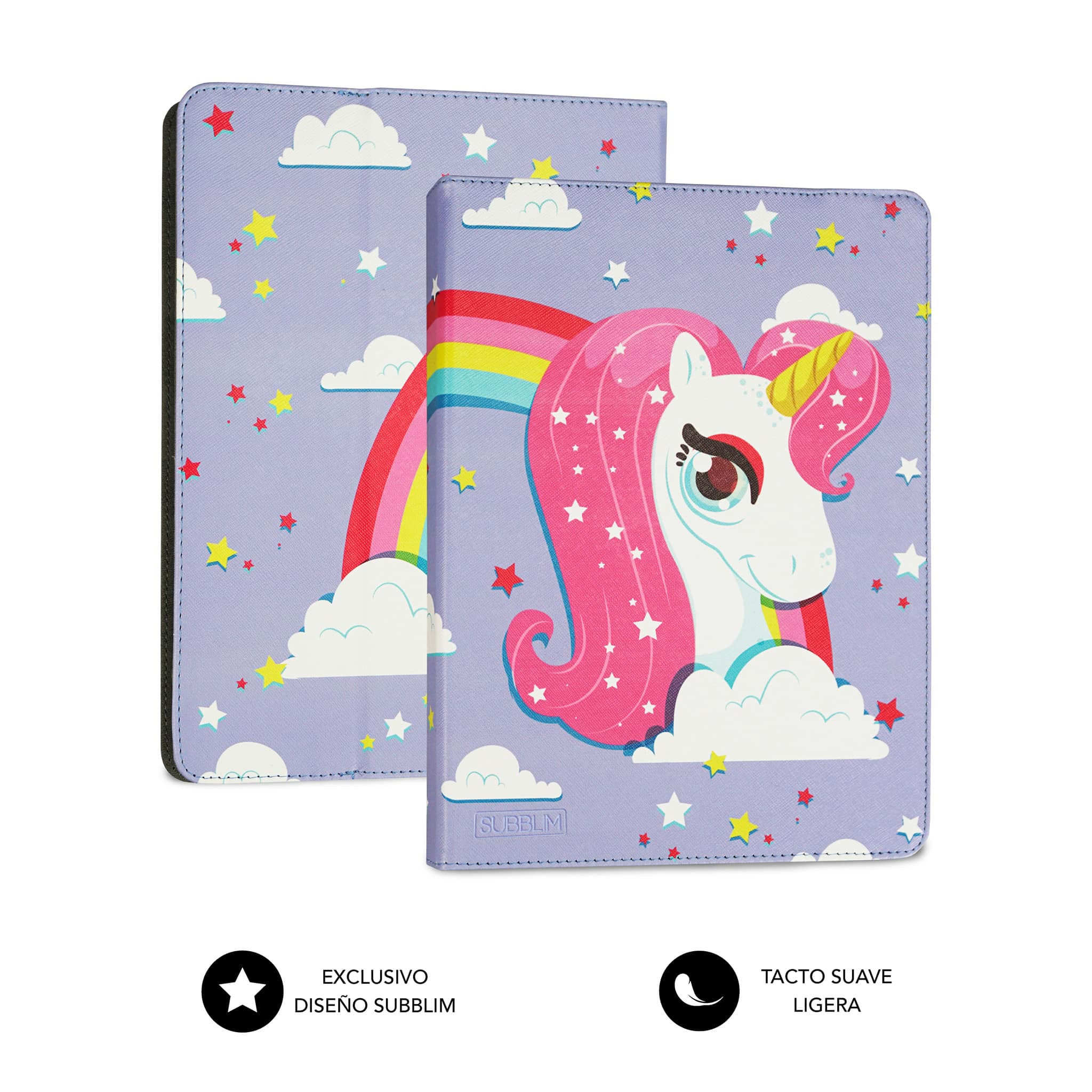Funda de tableta con diseño de unicornio, arcoíris, estrellas y nubes. Dos vistas con texto e icono, fondo blanco.