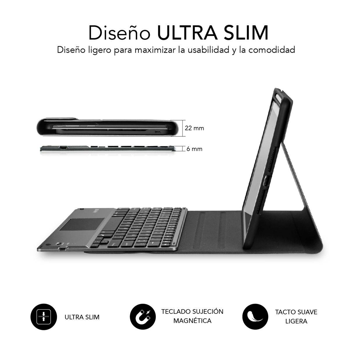Tableta con funda con teclado. Tableta negra en un soporte, teclado debajo, diseño ultra delgado, fondo blanco.