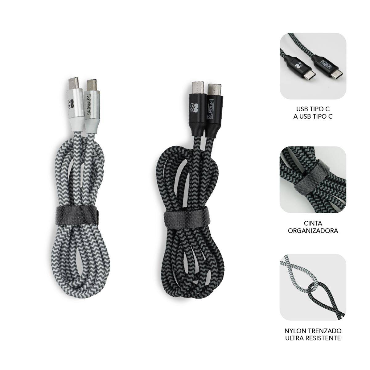 Dos cables USB-C con patrón trenzado. Derecha tiene organizador de cable. Texto presente.