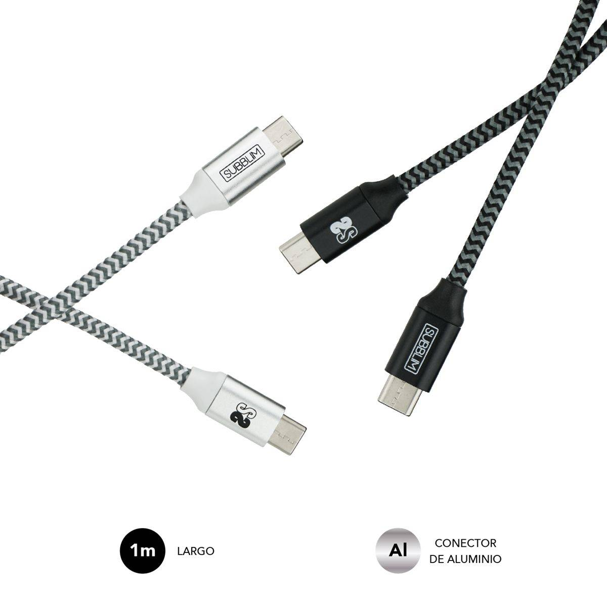 Tres cables USB-C con conectores de diferentes colores y trenzados, uno plateado, dos negros.