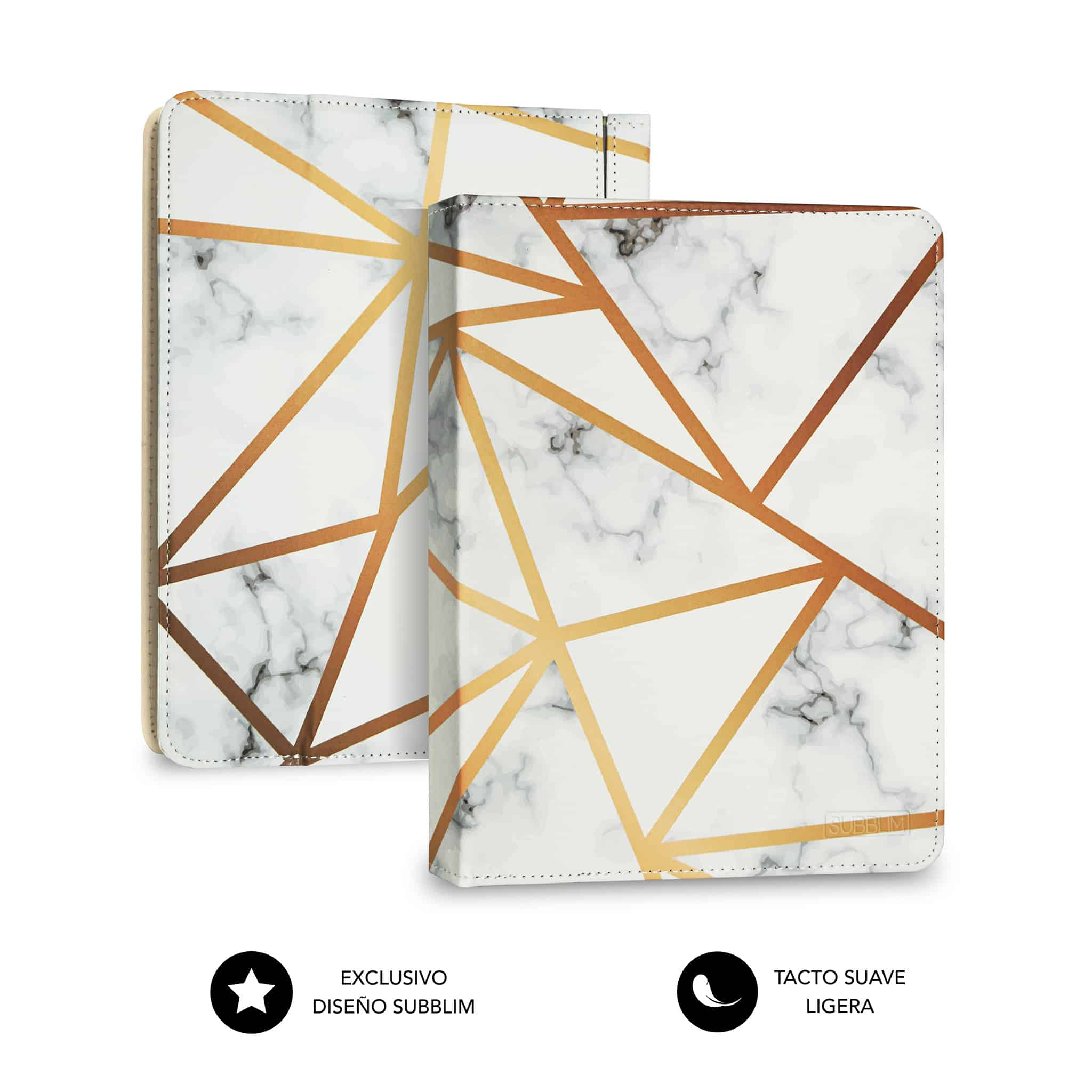 Funda de tableta con diseño de mármol. Se muestran dos fundas y el texto dice 'tacto suave'.
