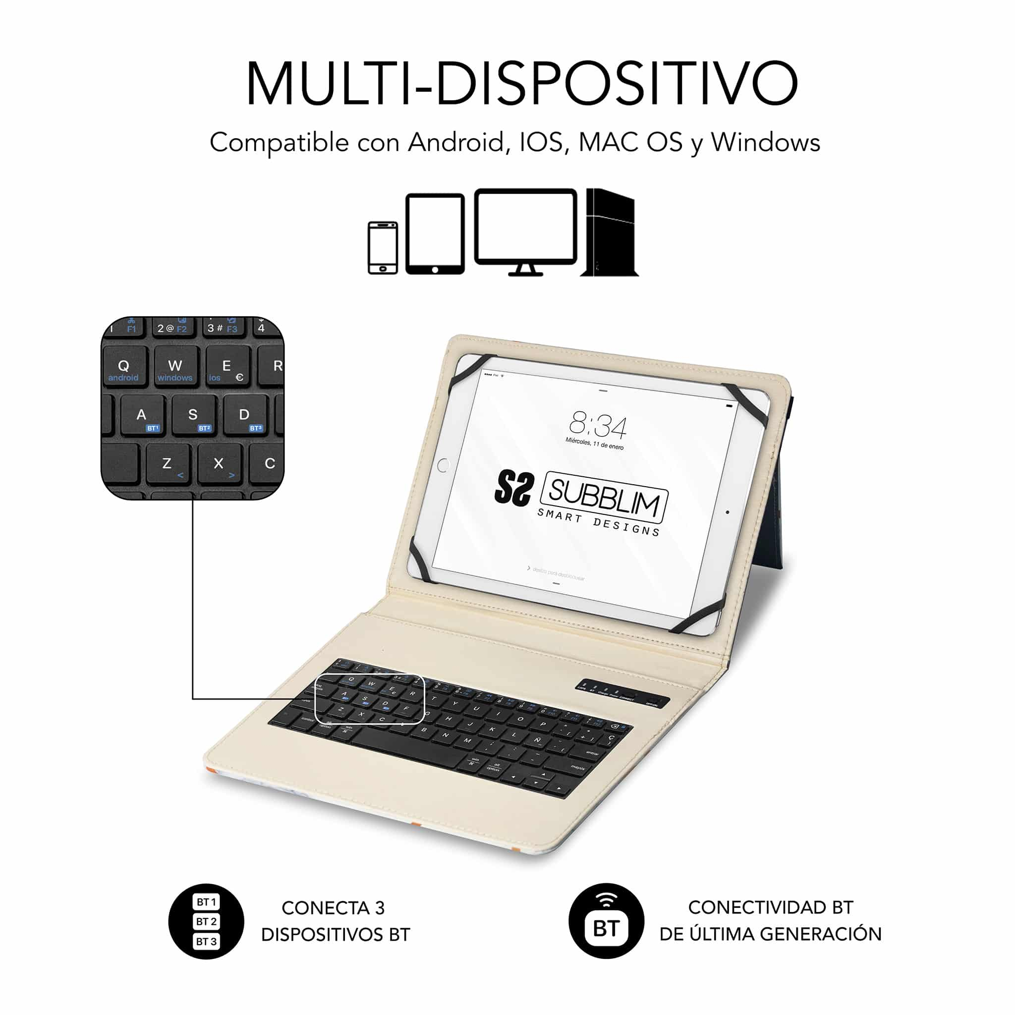 Una tableta blanca con funda de teclado, mostrando la pantalla y los iconos, sobre fondo blanco.