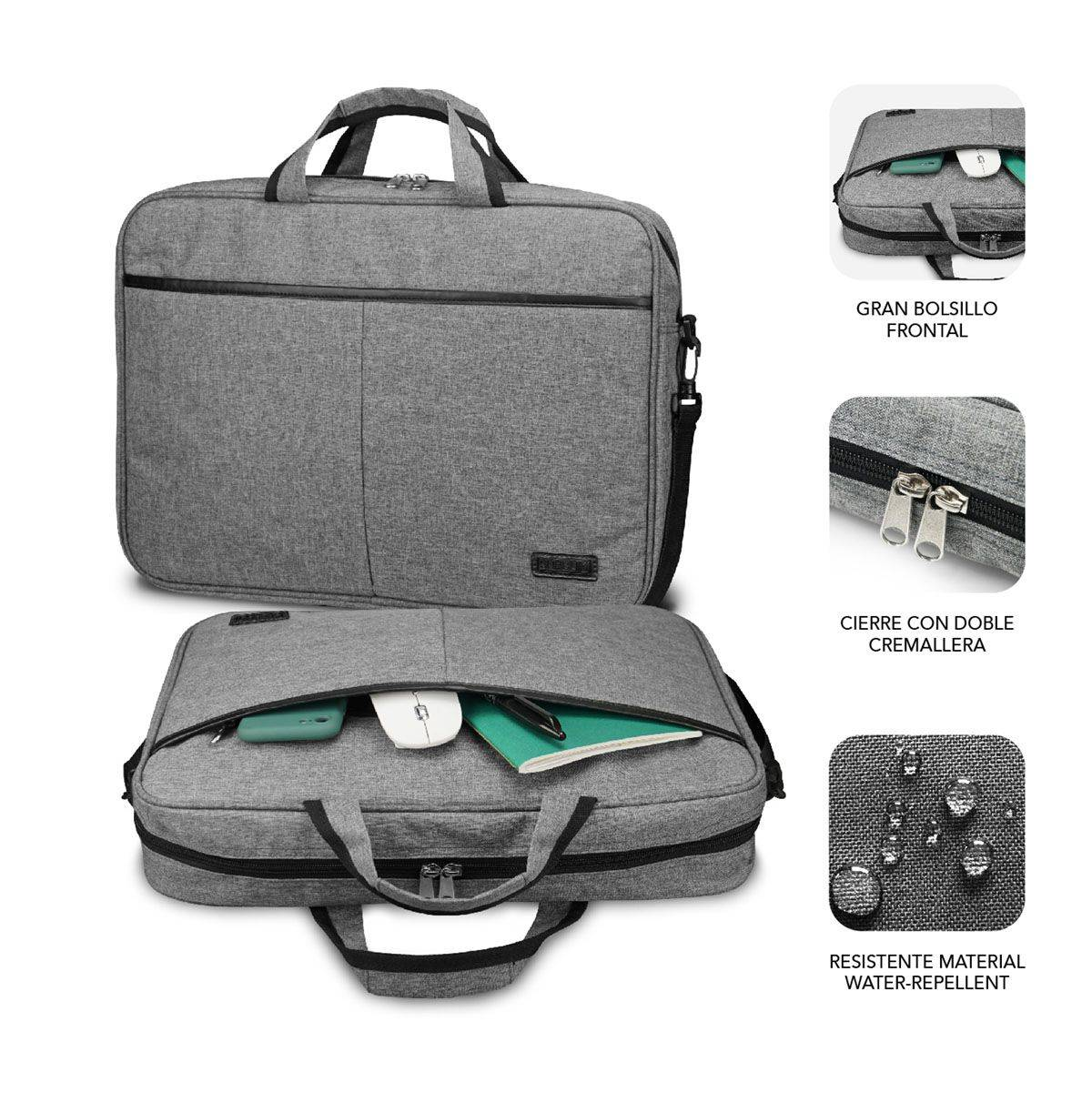 Borsa per laptop grigia, con più scomparti, aperta e chiusa. Caratteristiche con testo idrorepellente.