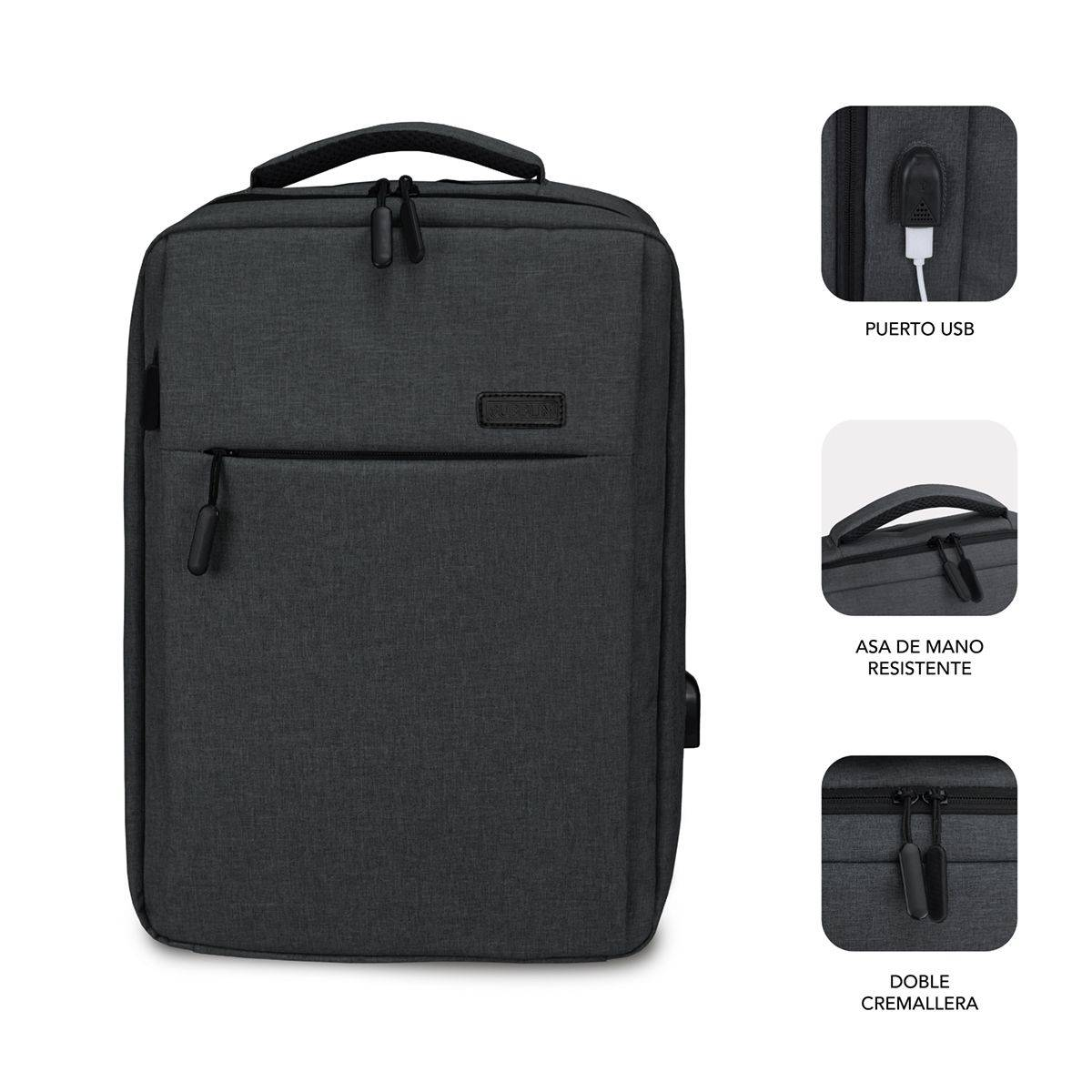 Mochila negra con puerto USB, asa y detalles de doble cremallera. Aislada sobre fondo blanco.