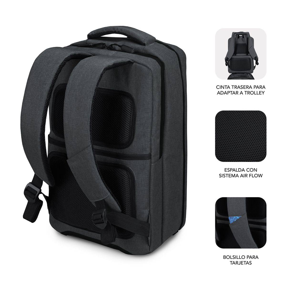Mochila gris oscura con detalles de la espalda, incluyendo sistema de flujo de aire y bolsillo para tarjetas.