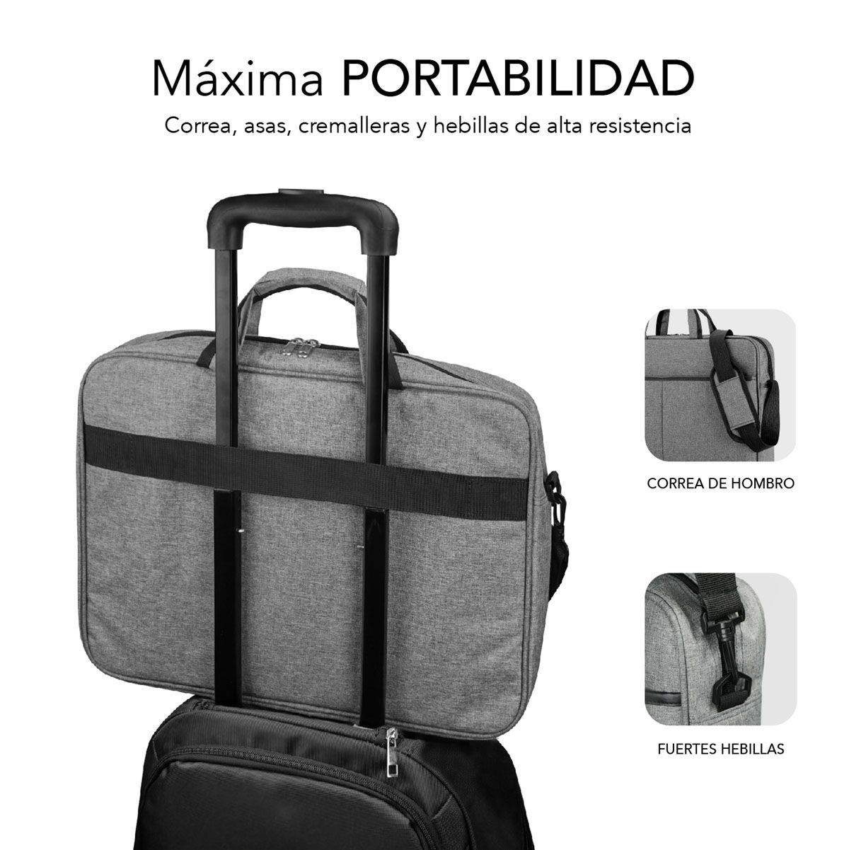 Una borsa per laptop grigia su un trolley. Testo in spagnolo che evidenzia le caratteristiche.