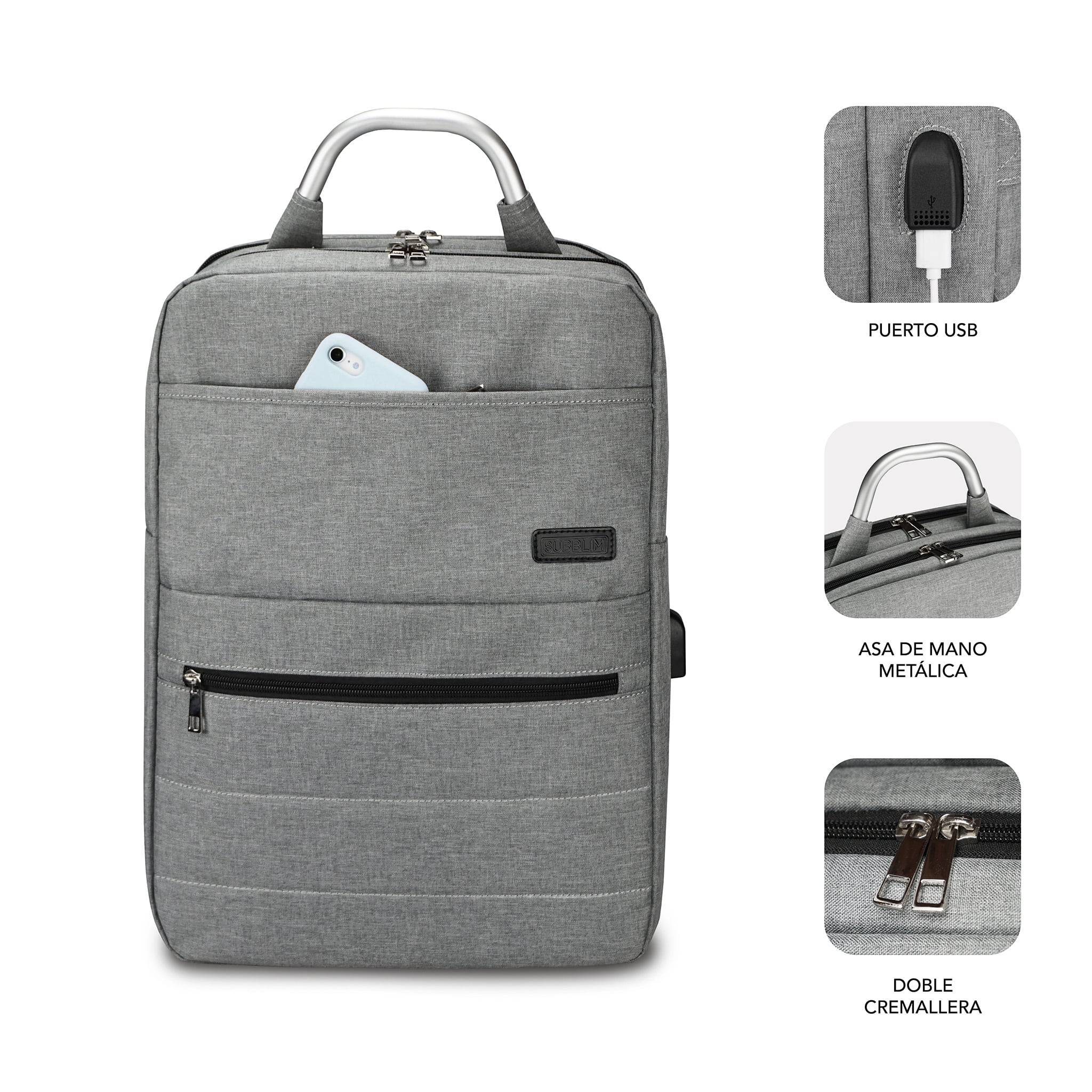 Una mochila gris con puerto USB y asa metálica, con vistas de funciones de cerca.