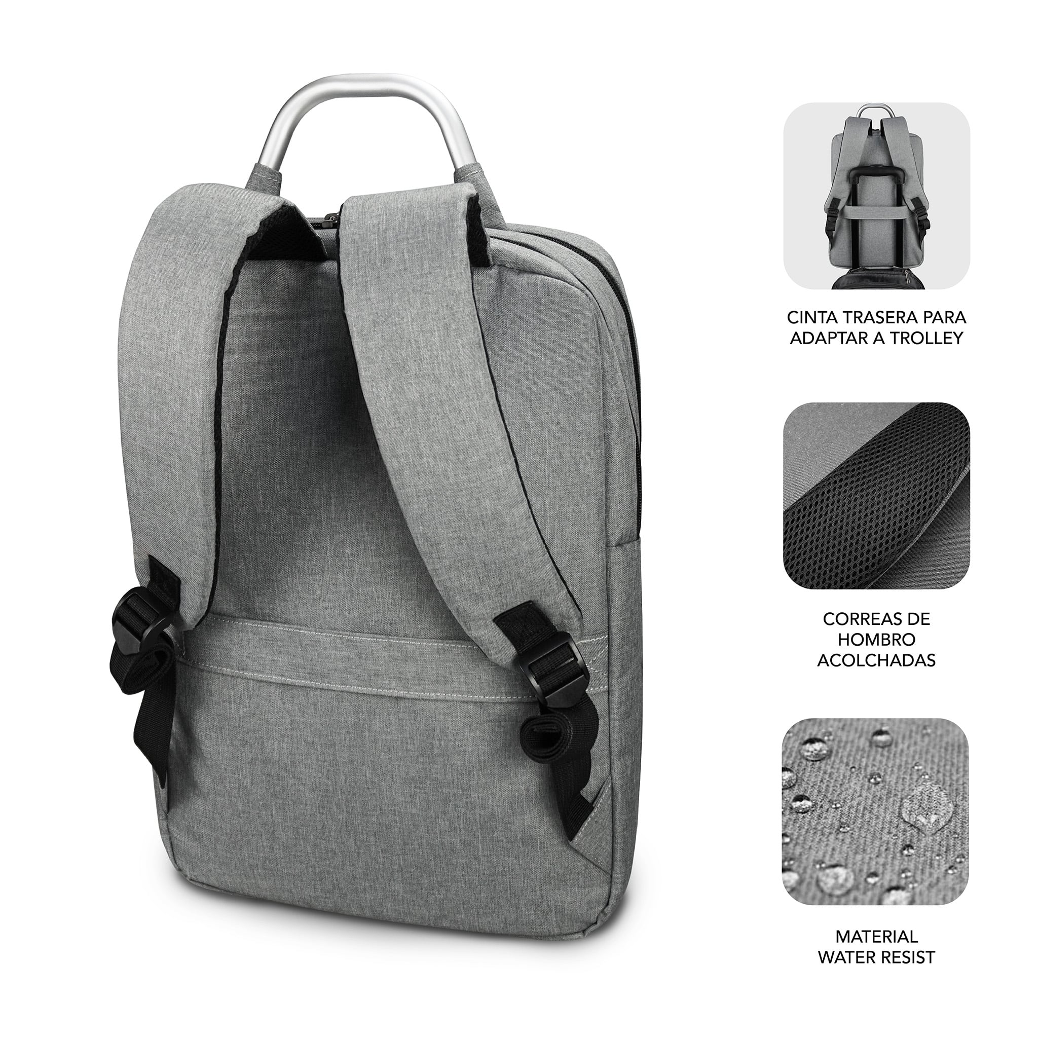 Una mochila gris con asa metálica, correas para hombros y material resistente al agua.