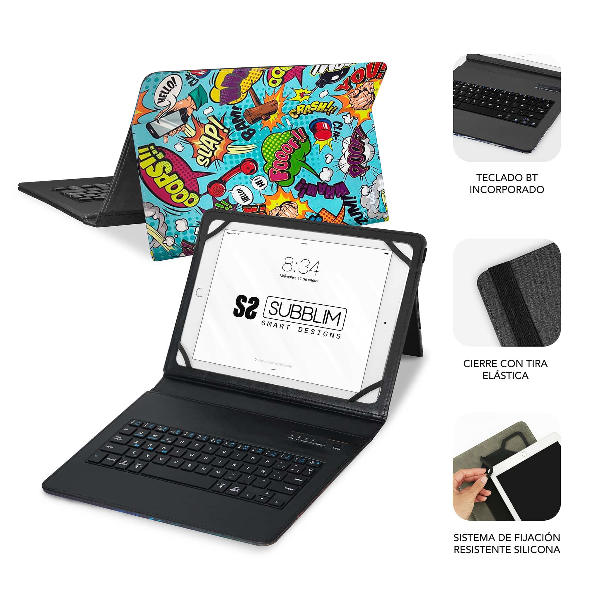 Tableta con funda con teclado, con arte de cómic. Imágenes adicionales que muestran detalles.