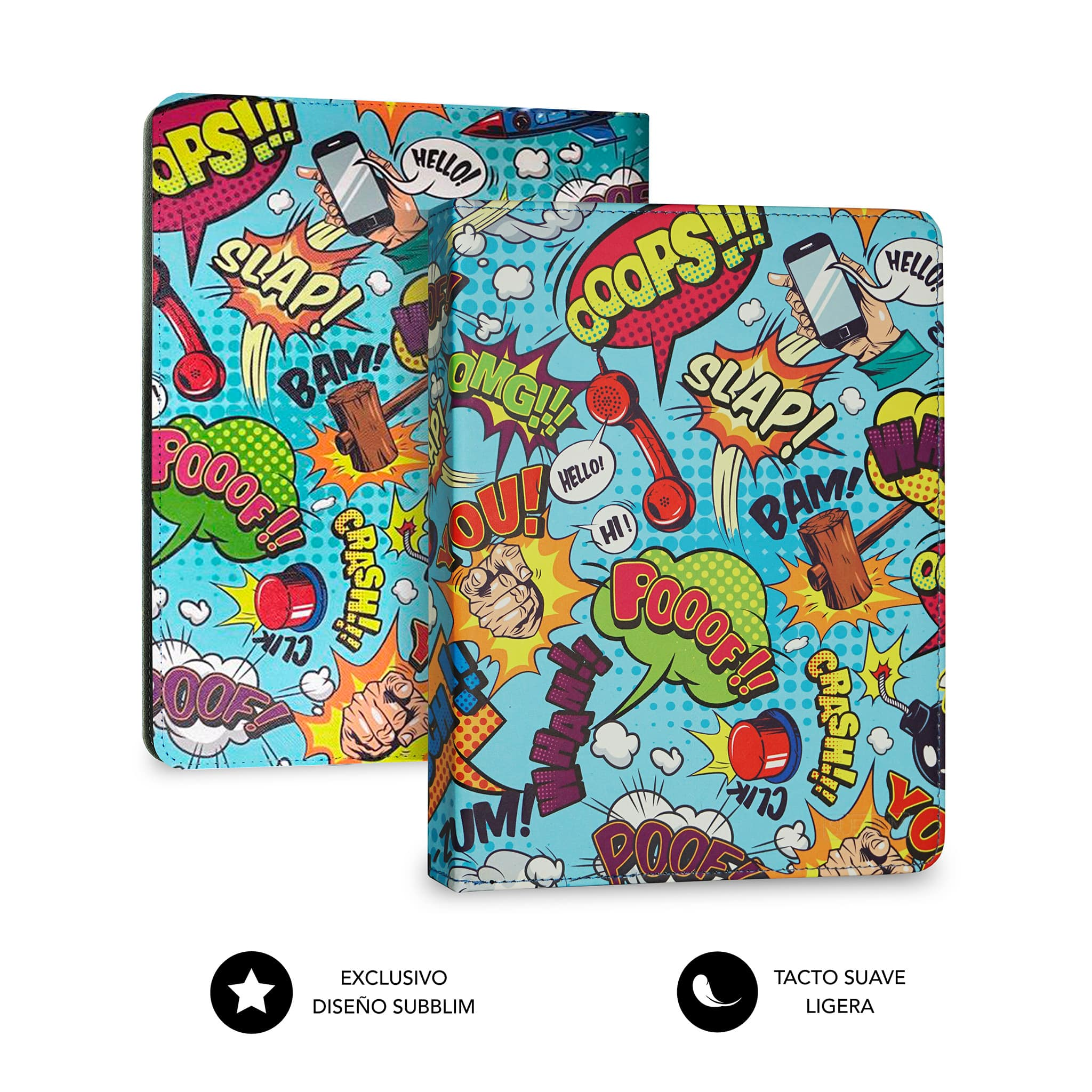 Dos fundas para tablet con gráficos de cómic. Una está abierta mostrando una tableta.