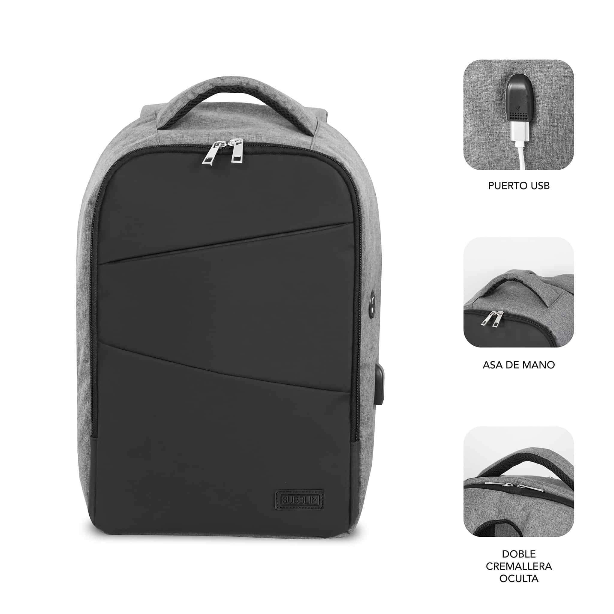 Una mochila gris y negra con puerto USB y detalles de cremallera oculta y asa.