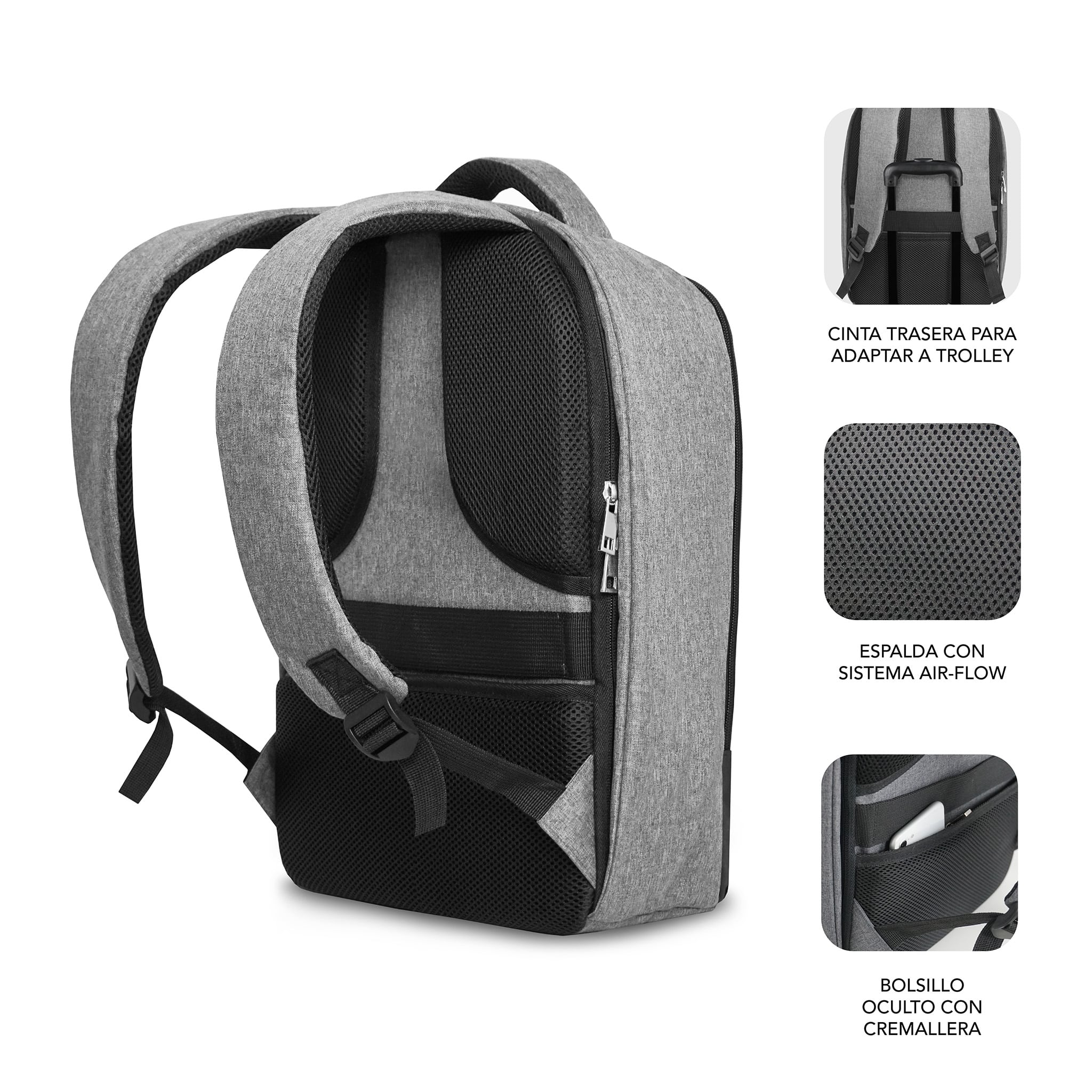 Una mochila gris con detalles como un sistema de soporte de espalda, una correa trasera para un trolley y bolsillos.