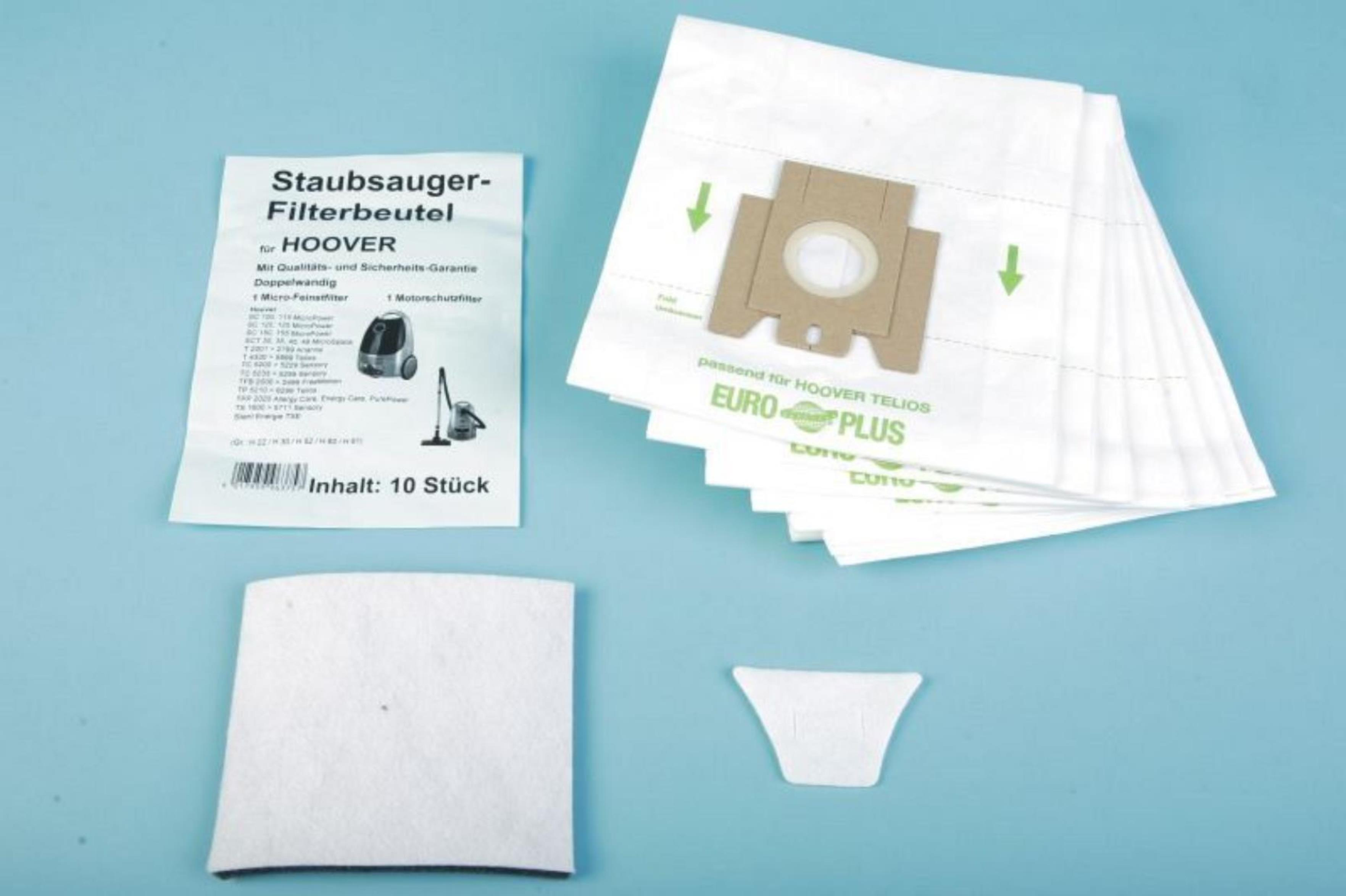 Staubsaugerfilterbeutel und Filter. Links ist ein kleiner Filter und eine Grafik.