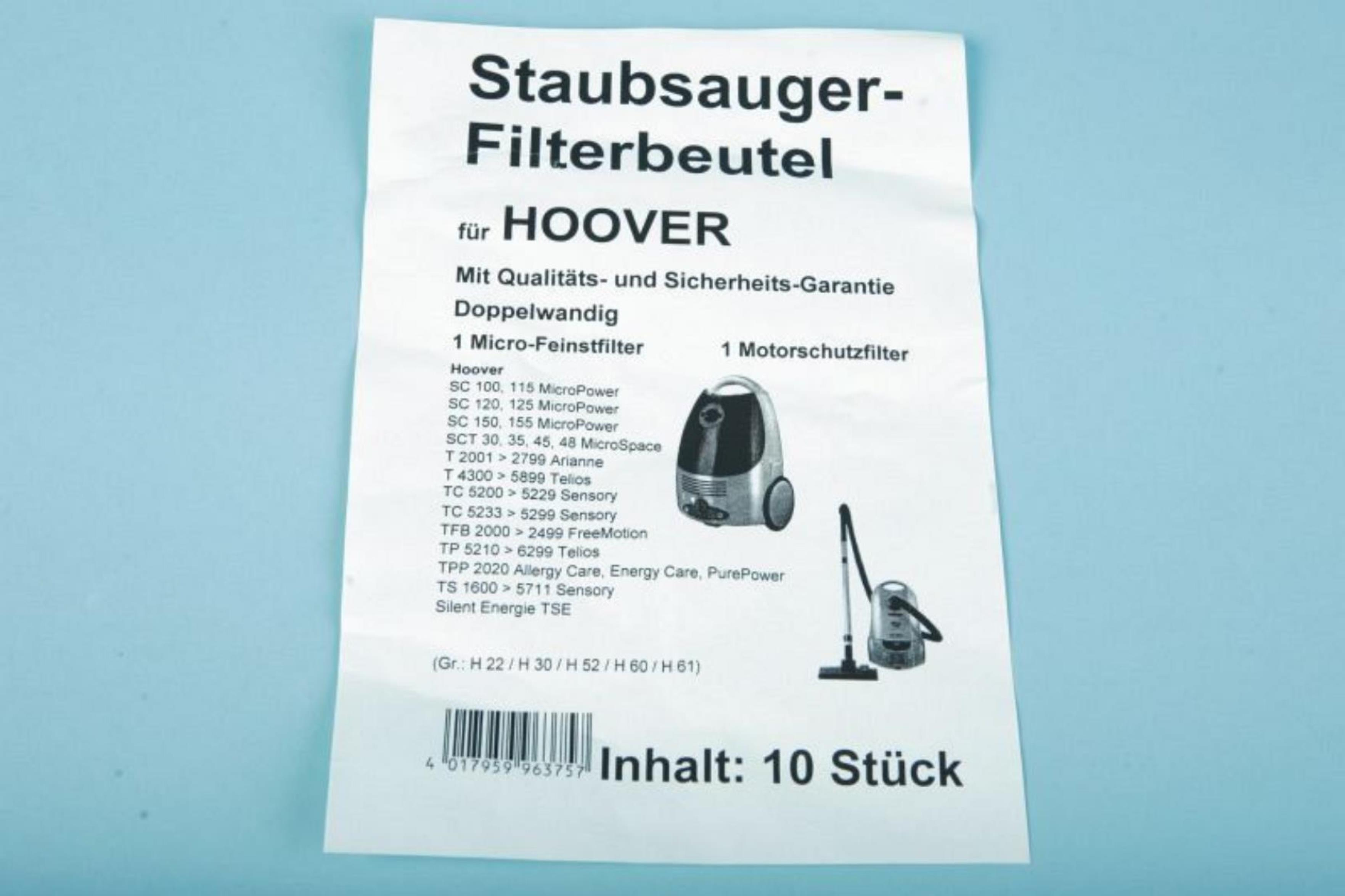 Staubsaugerbeutelverpackung für HOOVER mit Bildern des Staubsaugers.