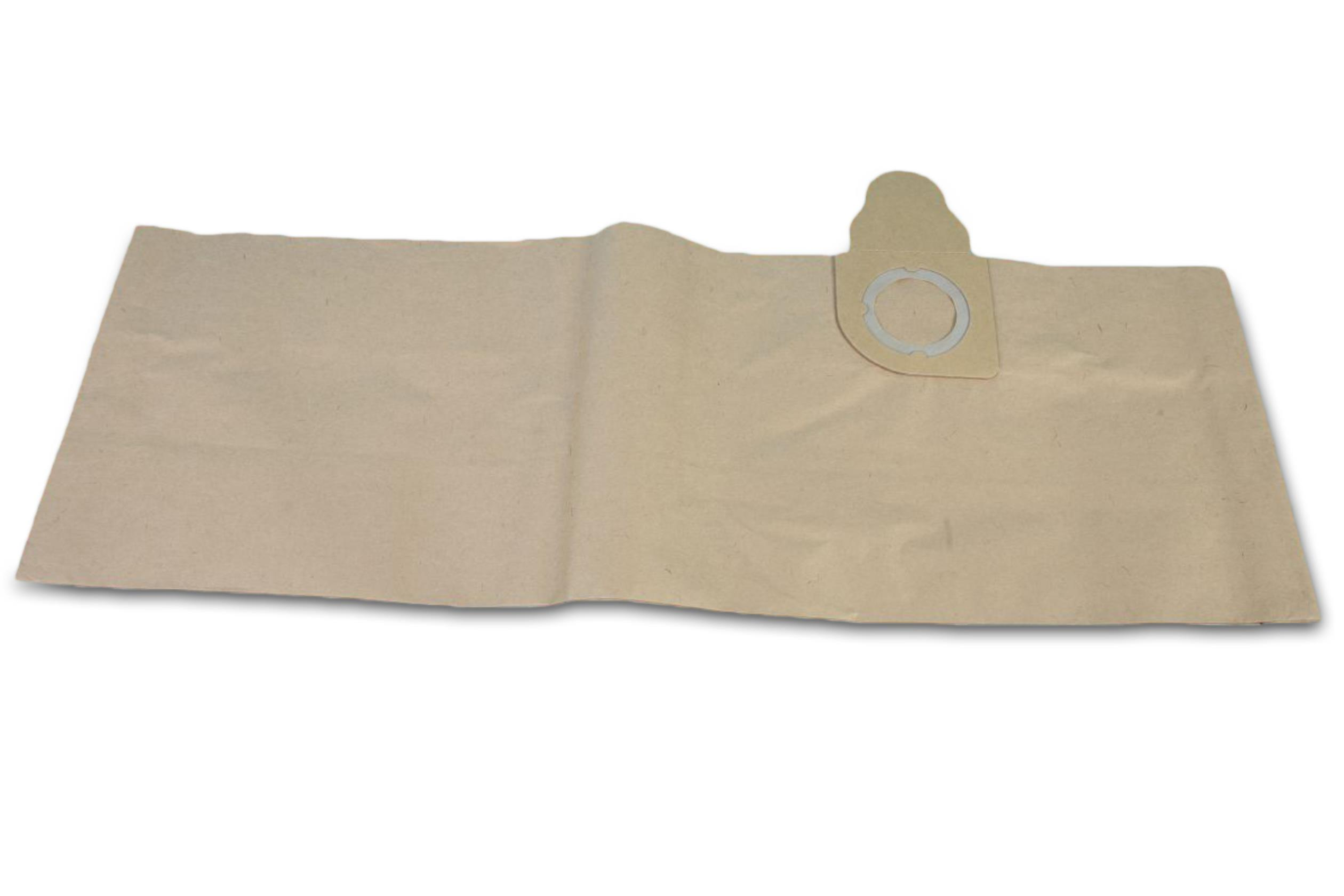 Beige Staubsaugerbeutel, offen und flach.  Kreisförmiger Filterbereich und rechteckige Form.
