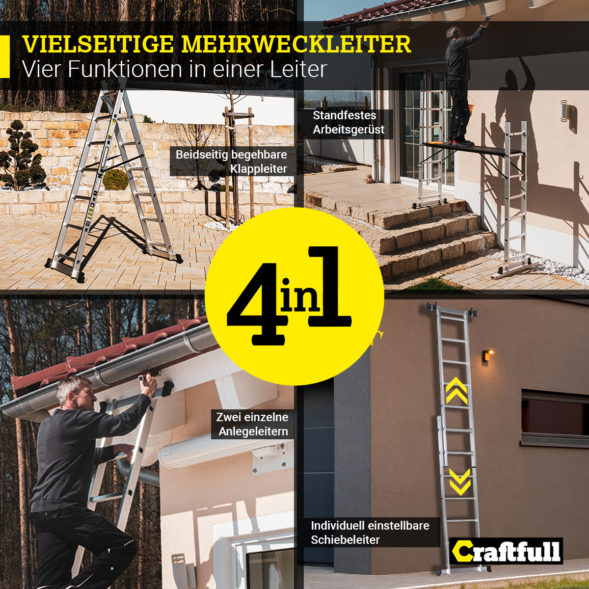 Eine Leiter mit verschiedenen Stilen und Verwendungen. Texte: Vielseitige Mehrzweckleiter, 4 in 1.