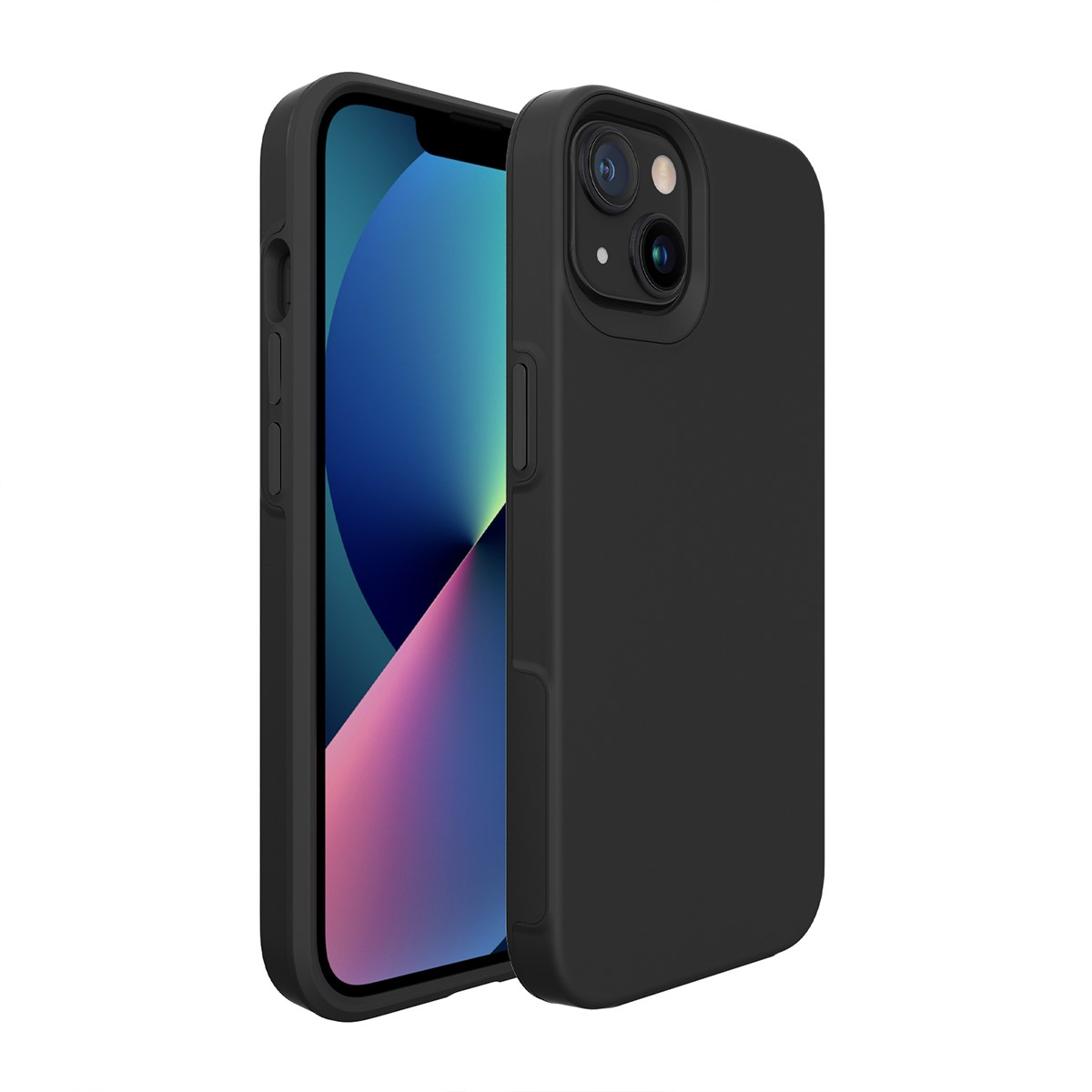 Schwarzes iPhone 13 in einer schwarzen Hülle mit sichtbarer Kamera, vor weißem Hintergrund.