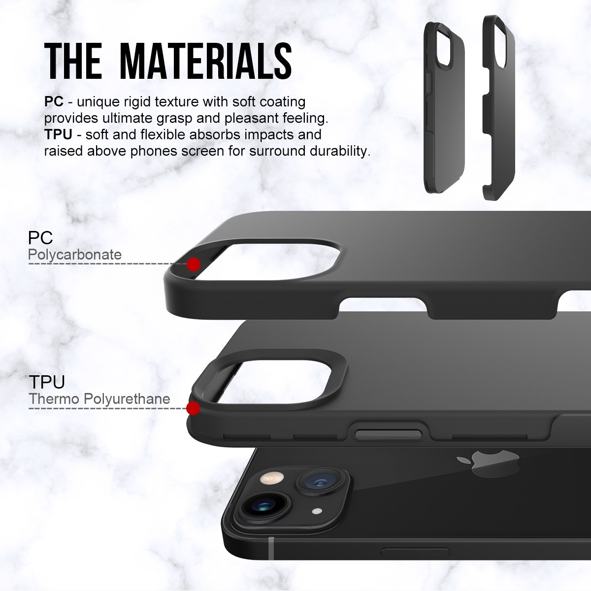 Schwarze Handyhüllen-Teile mit PC- und TPU-Materialien. Das Telefon ist im Hintergrund.