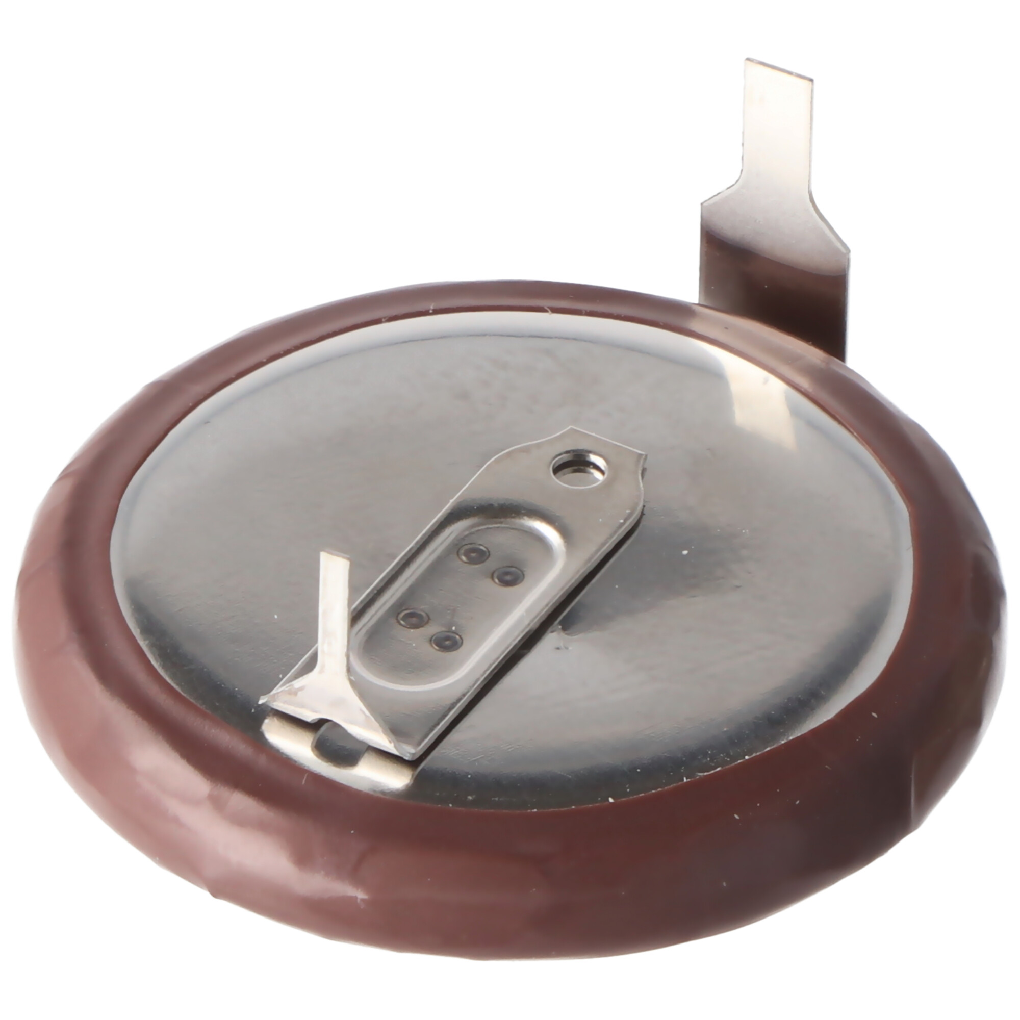 Knopfzelle mit braunem Ring und Metallhalterung.