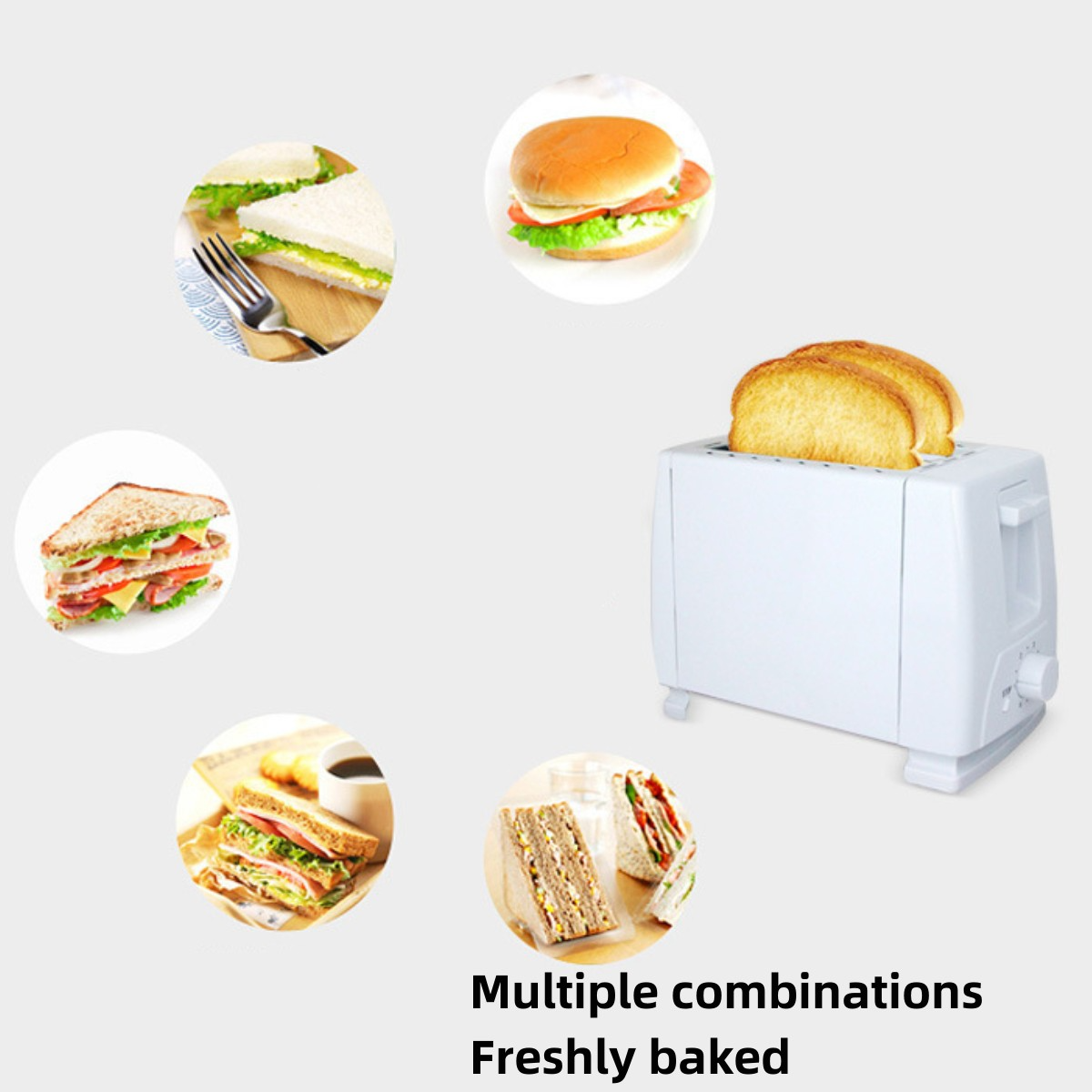 Weißer Toaster mit zwei Toastscheiben. Verschiedene Sandwiches um den Toaster.