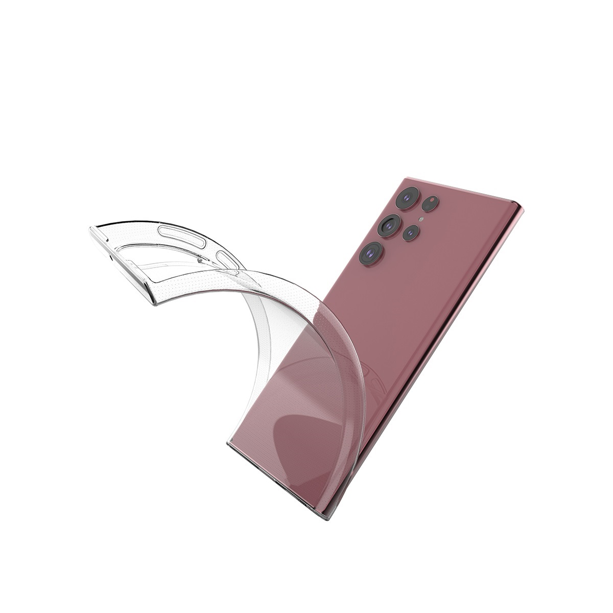 Ein rosa Telefon mit mehreren Kameras und einer transparenten Telefonhülle.