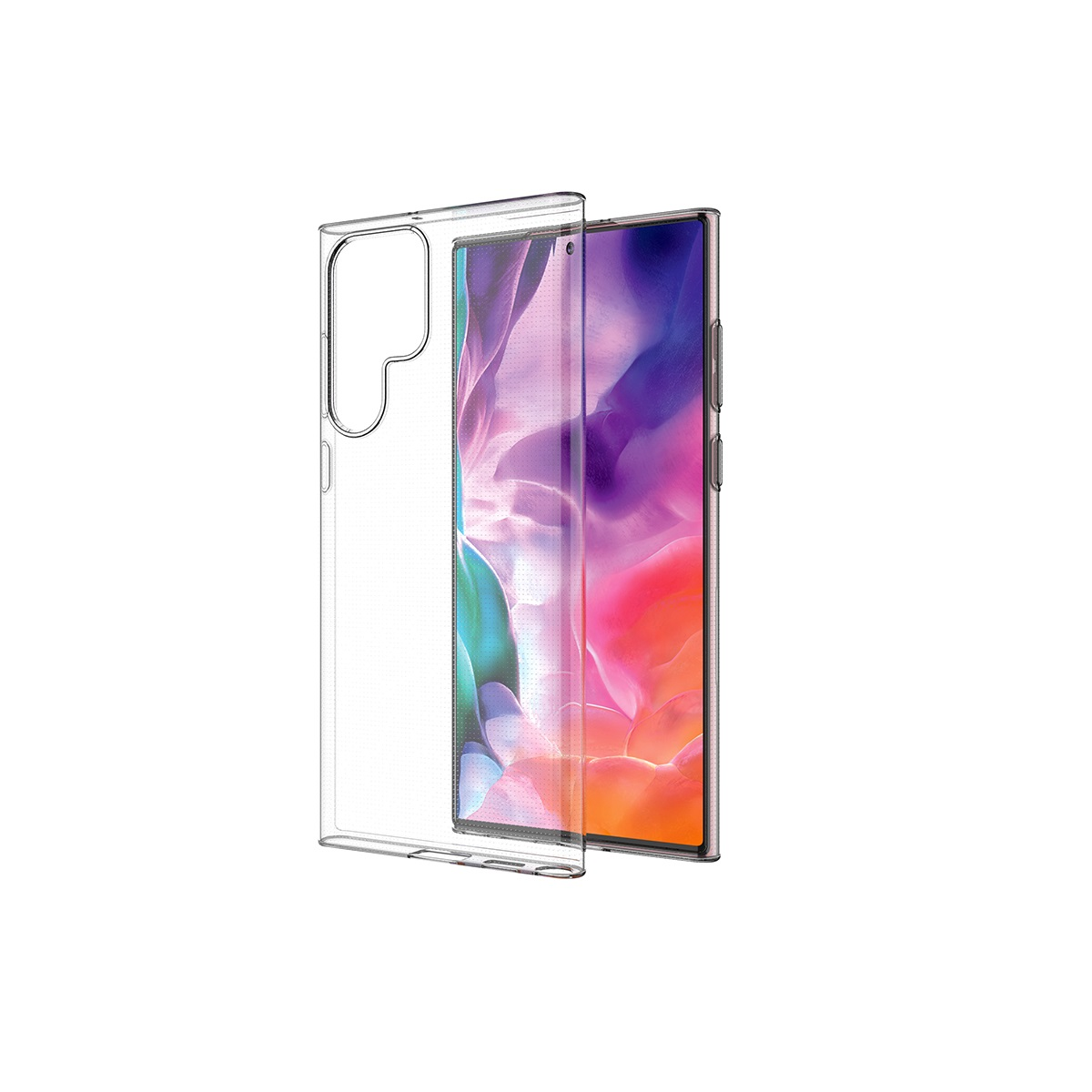 Eine transparente Handyhülle neben einem Handy mit farbenfrohem Hintergrund.