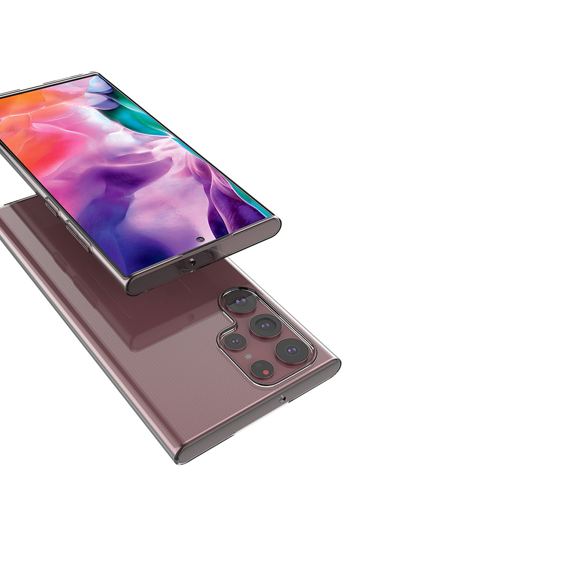 Ein Telefon in einer durchsichtigen Hülle, die Rückseite eines Telefons ist sichtbar, auf weißem Hintergrund.